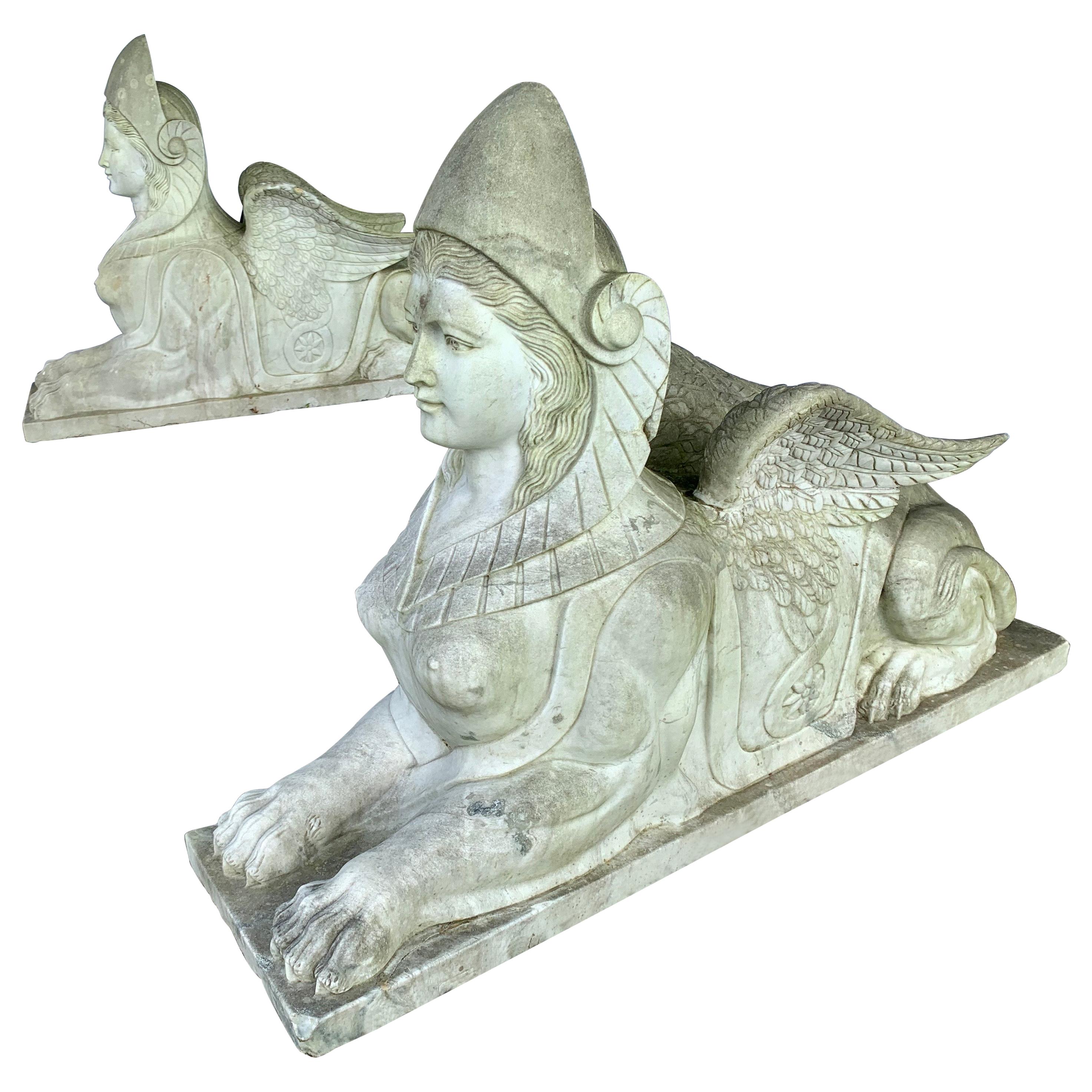 Pair of Large Scale Marble Sphinx Garden Statues Sculptures For Sale