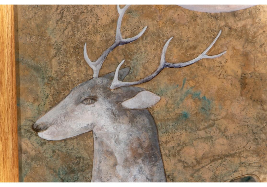 Serene pair of watercolors and gouaches on paper illustrating stags with saddles, under a full moon. The backgrounds and moons in mottled tones. Signed with calligraphic marks/ signatures.
Custom oak frames 62” x 31