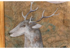 Pair of Large Scale Midcentury Asian Style Works on Paper of Stags at Night