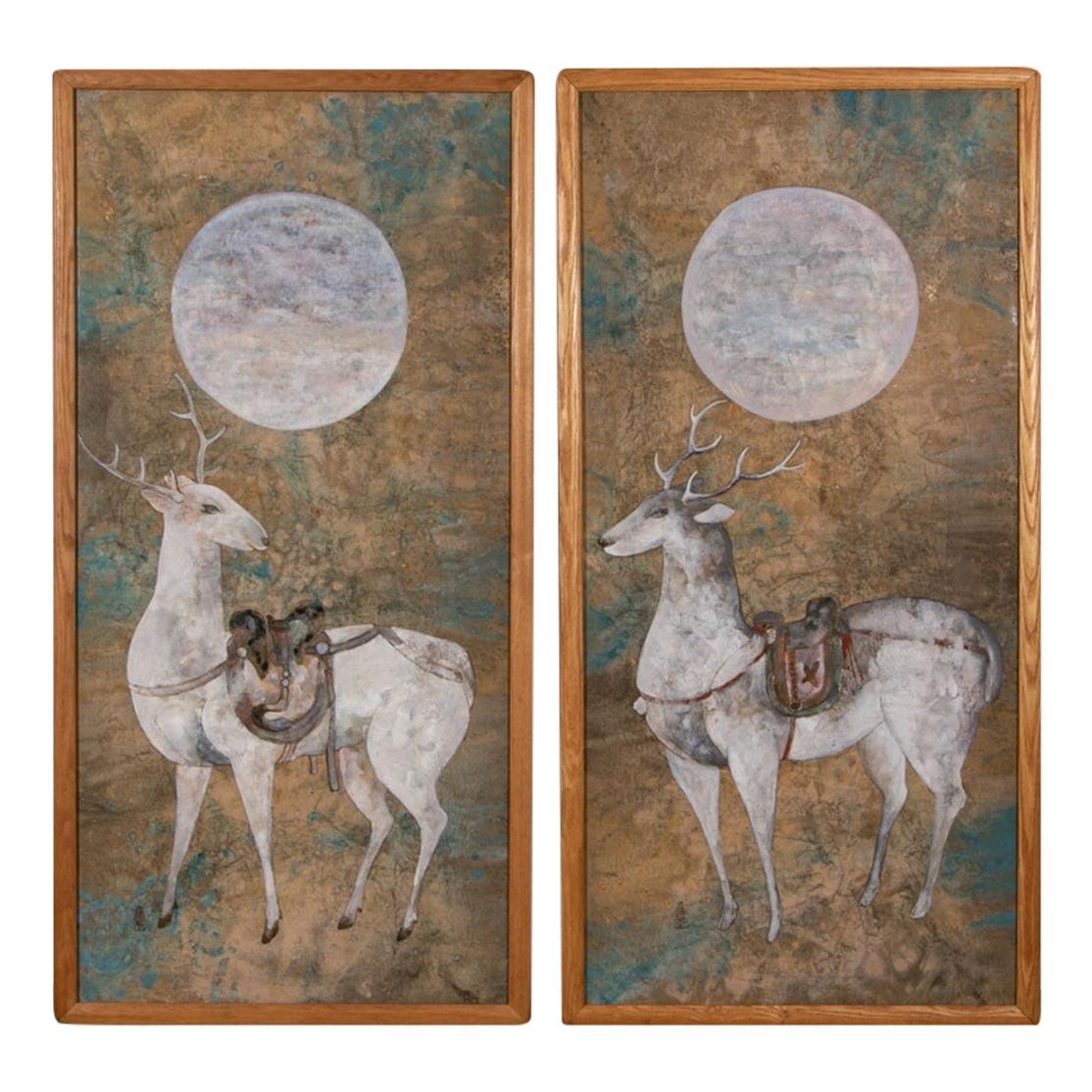 Pair of Large Scale Midcentury Asian Style Works on Paper of Stags at Night