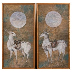 Vintage Pair of Large Scale Midcentury Asian Style Works on Paper of Stags at Night