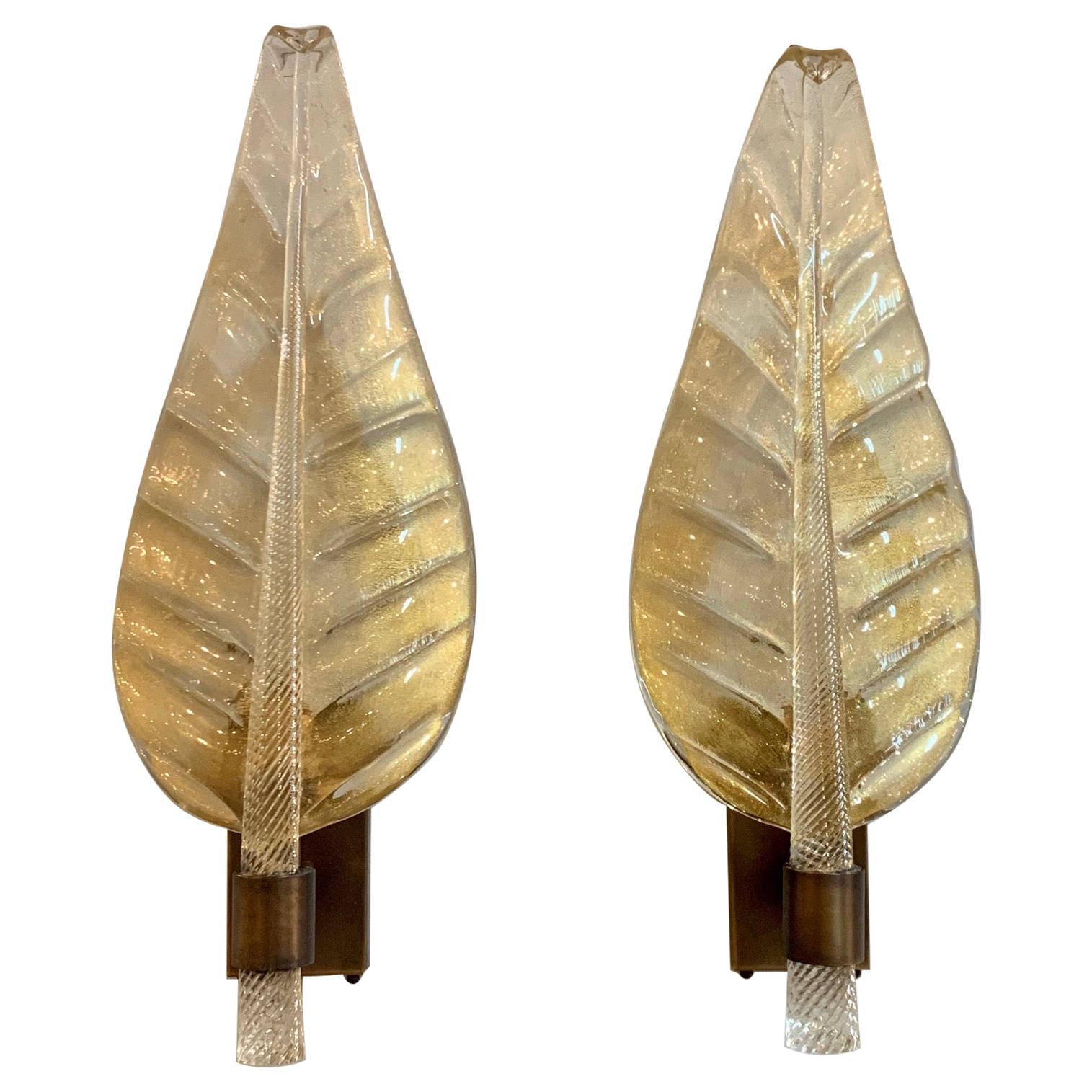 Pair of Large Scale Modern Murano Glass Leaf Form Sconces