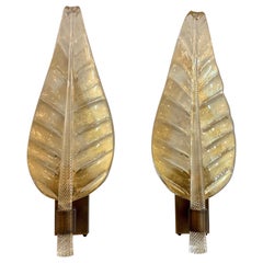 Pair of Large Scale Modern Murano Glass Leaf Form Sconces