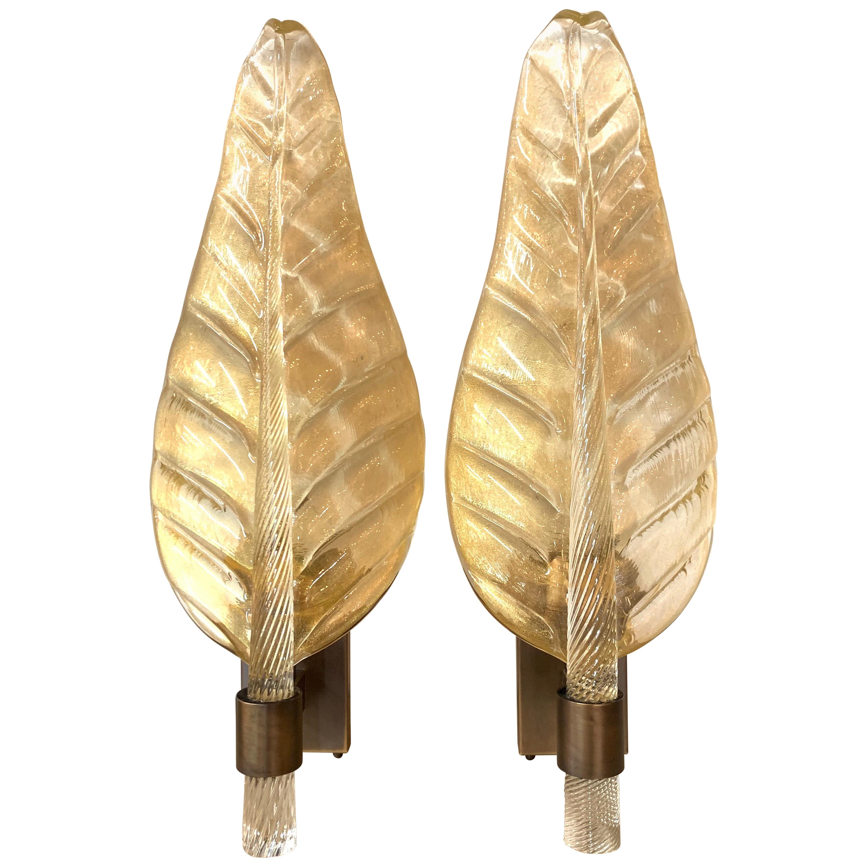 Pair of Large Scale Murano Glass Leaf Form Sconces For Sale