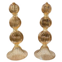 Pair of Large Scale Murano Peach and Gold Ball Form Lamps