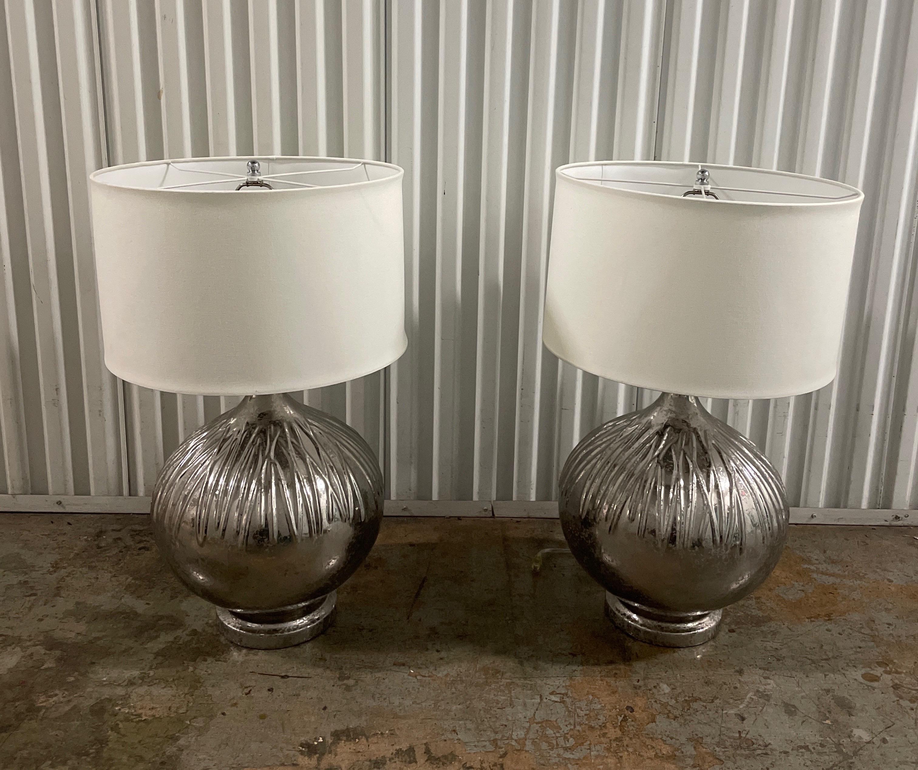 Pair of large scale round organic mercury glass type lamps. Shades are 11
