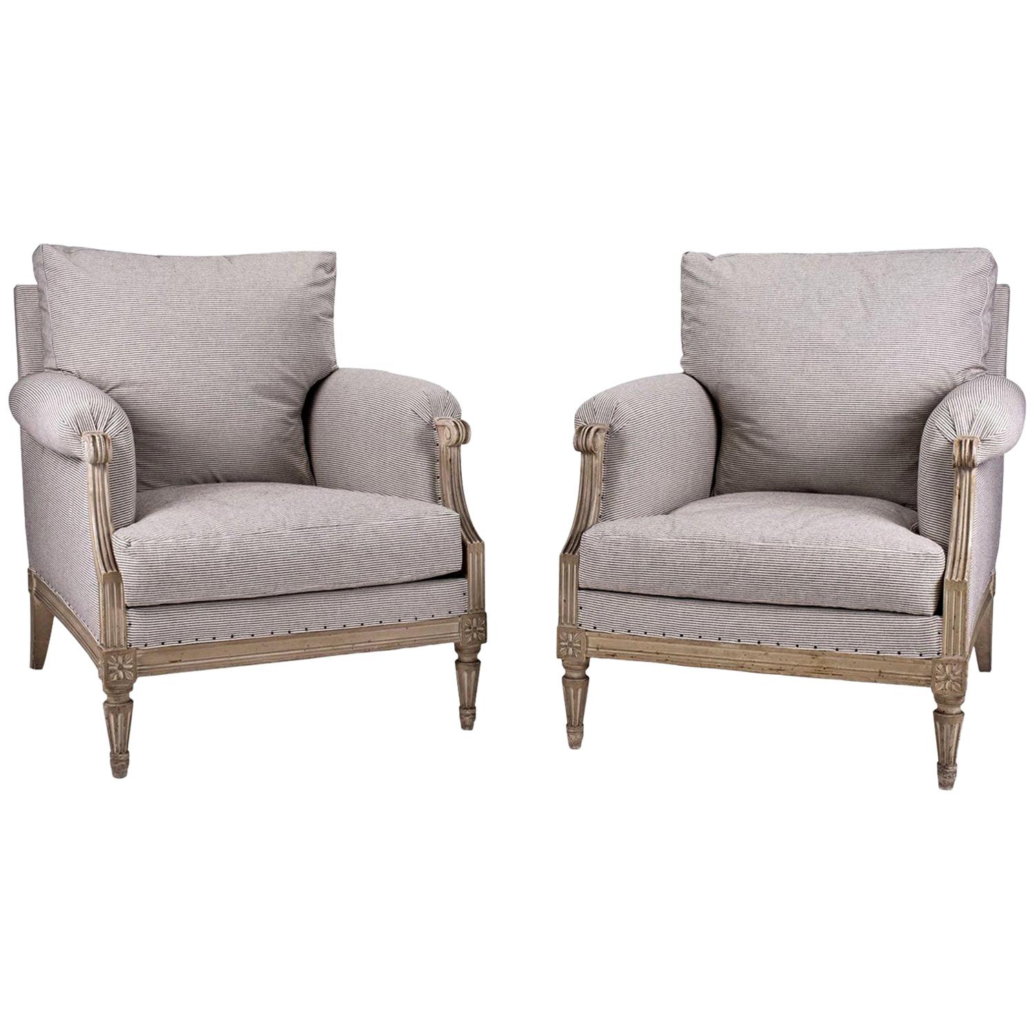 Pair of Large Scale Painted Bergère Armchairs in Ticking