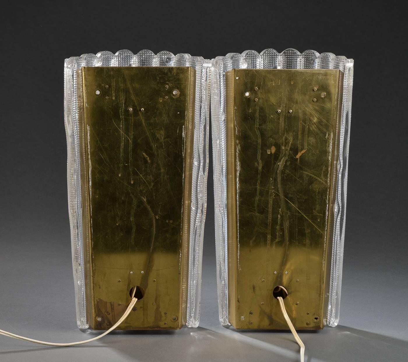 Swedish Pair of Large-Scale Pressed Glass and Brass Wall Sconces by Orrefors of Sweden