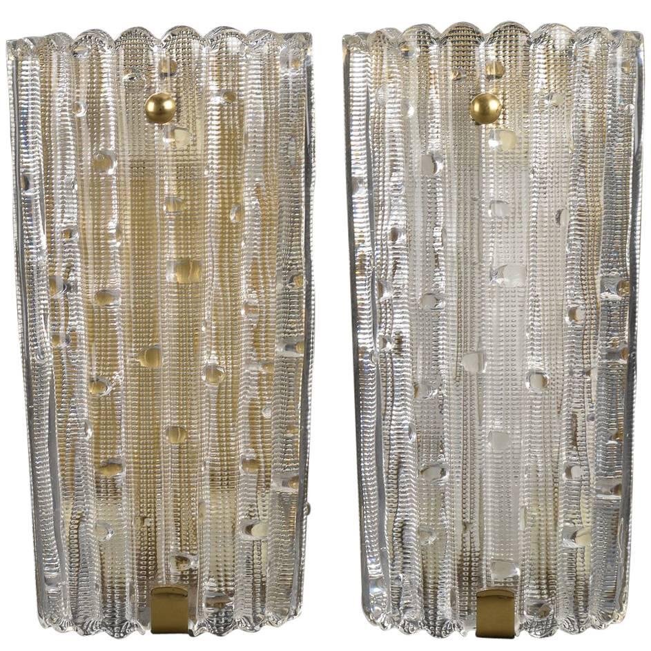 Pair of Large-Scale Pressed Glass and Brass Wall Sconces by Orrefors of Sweden