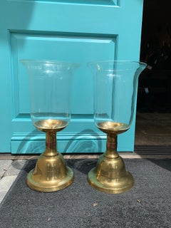 Pair of Large Scale Sarreid Brass Candlesticks with Hurricane, circa 1980s