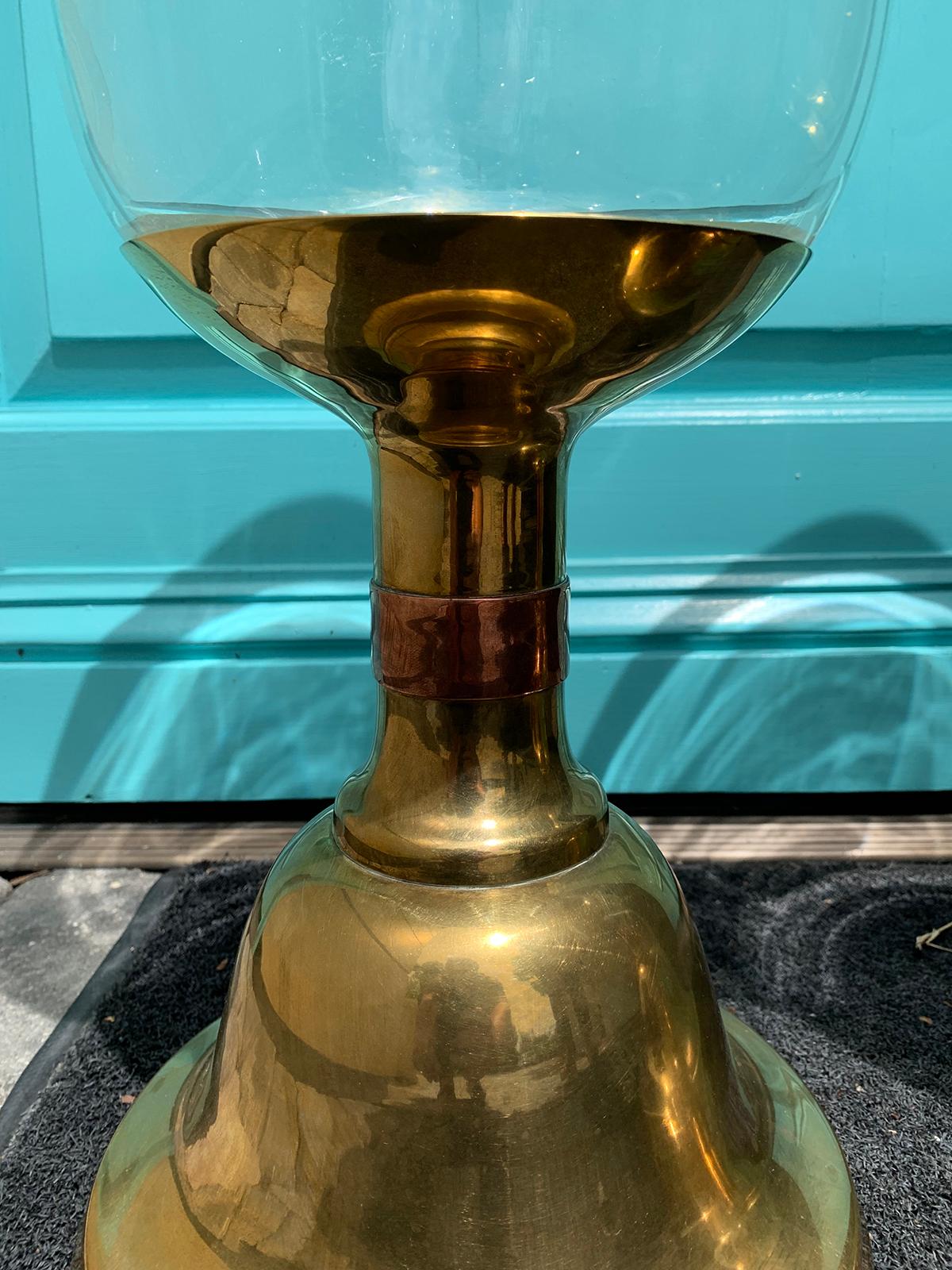 Spanish Pair of Large Scale Sarreid Brass Candlesticks with Hurricane, circa 1980s