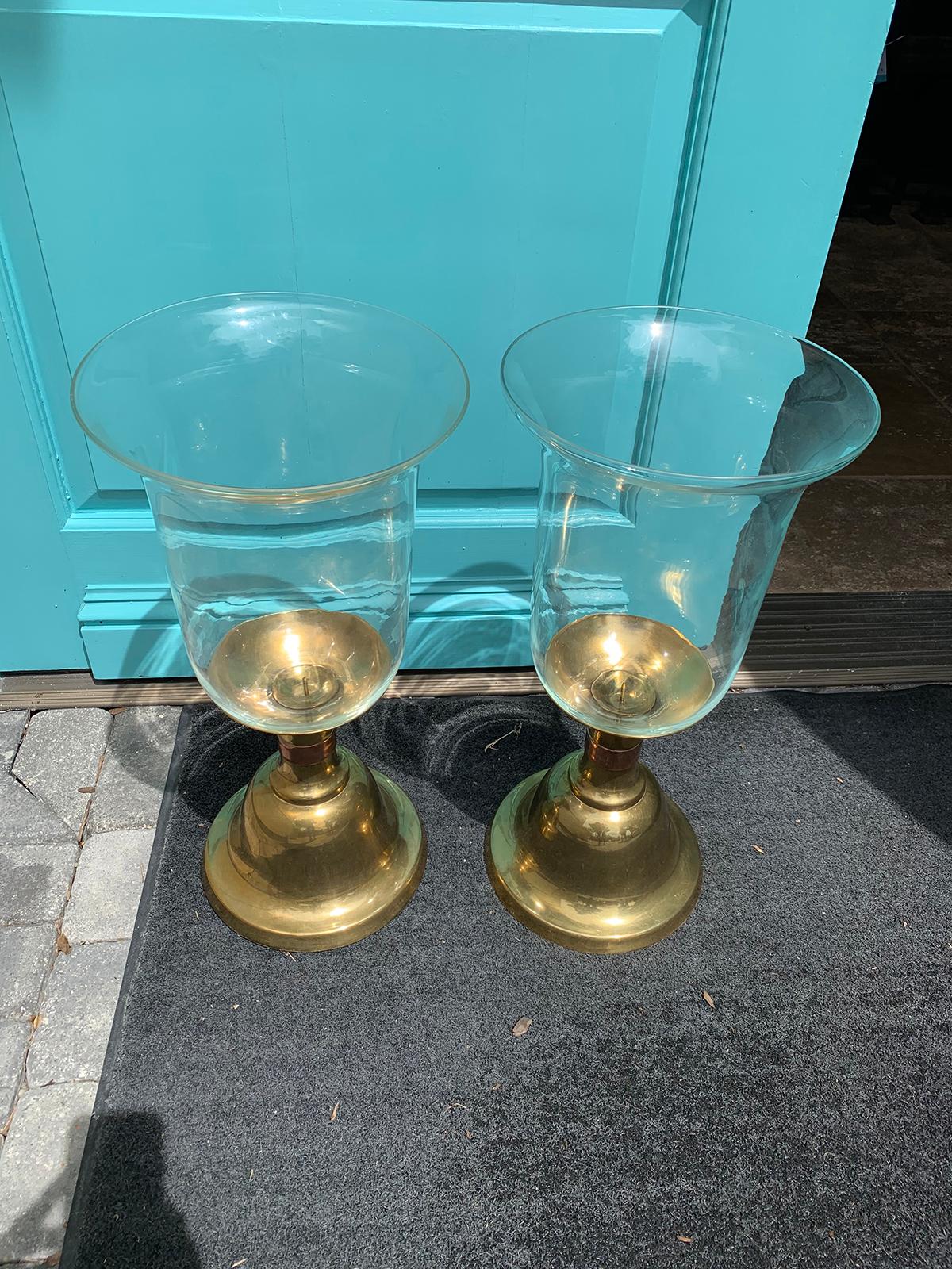 Late 20th Century Pair of Large Scale Sarreid Brass Candlesticks with Hurricane, circa 1980s