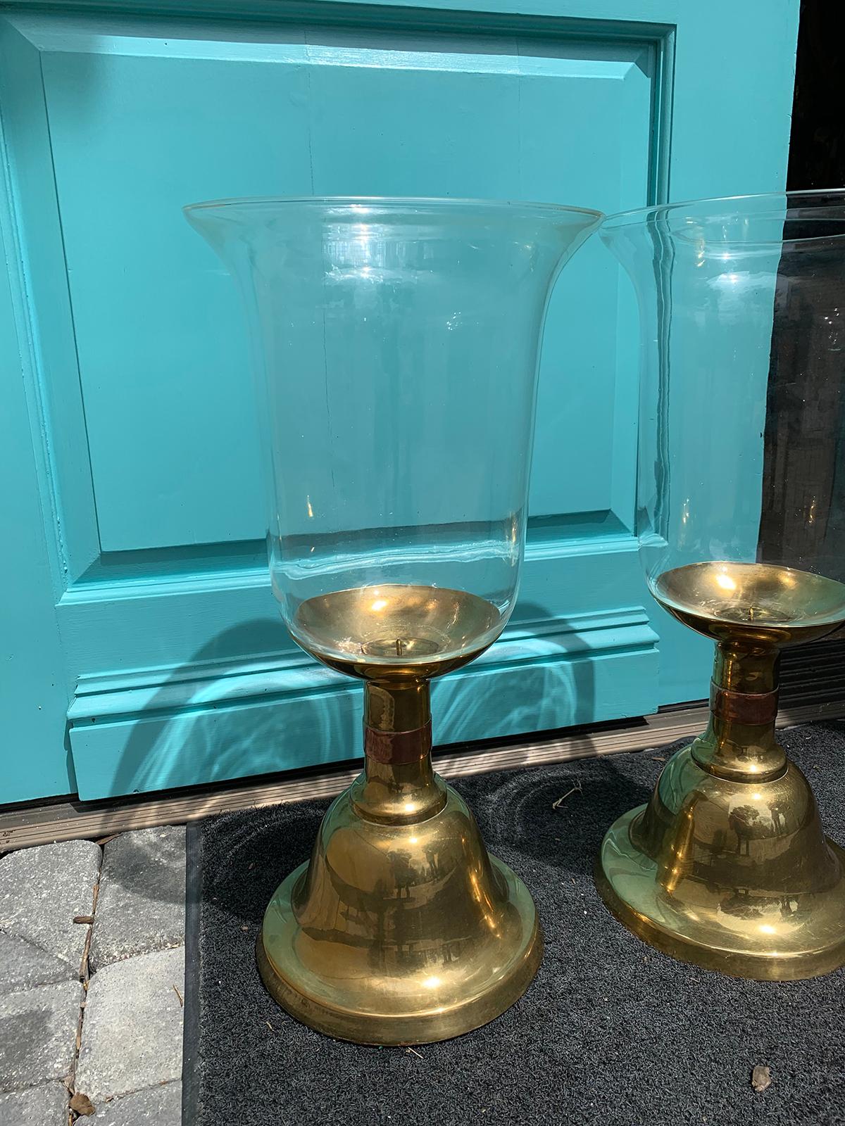 Pair of Large Scale Sarreid Brass Candlesticks with Hurricane, circa 1980s 2