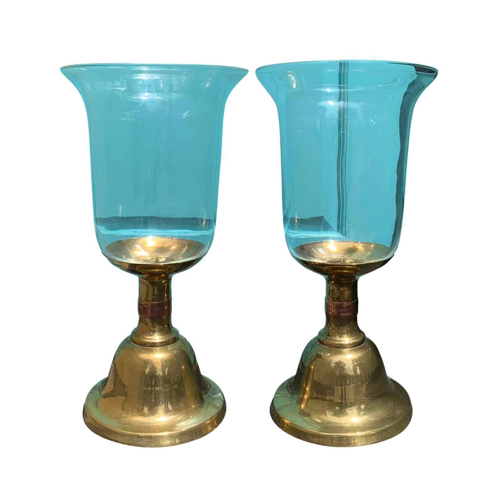 Pair of Large Scale Sarreid Brass Candlesticks with Hurricane, circa 1980s