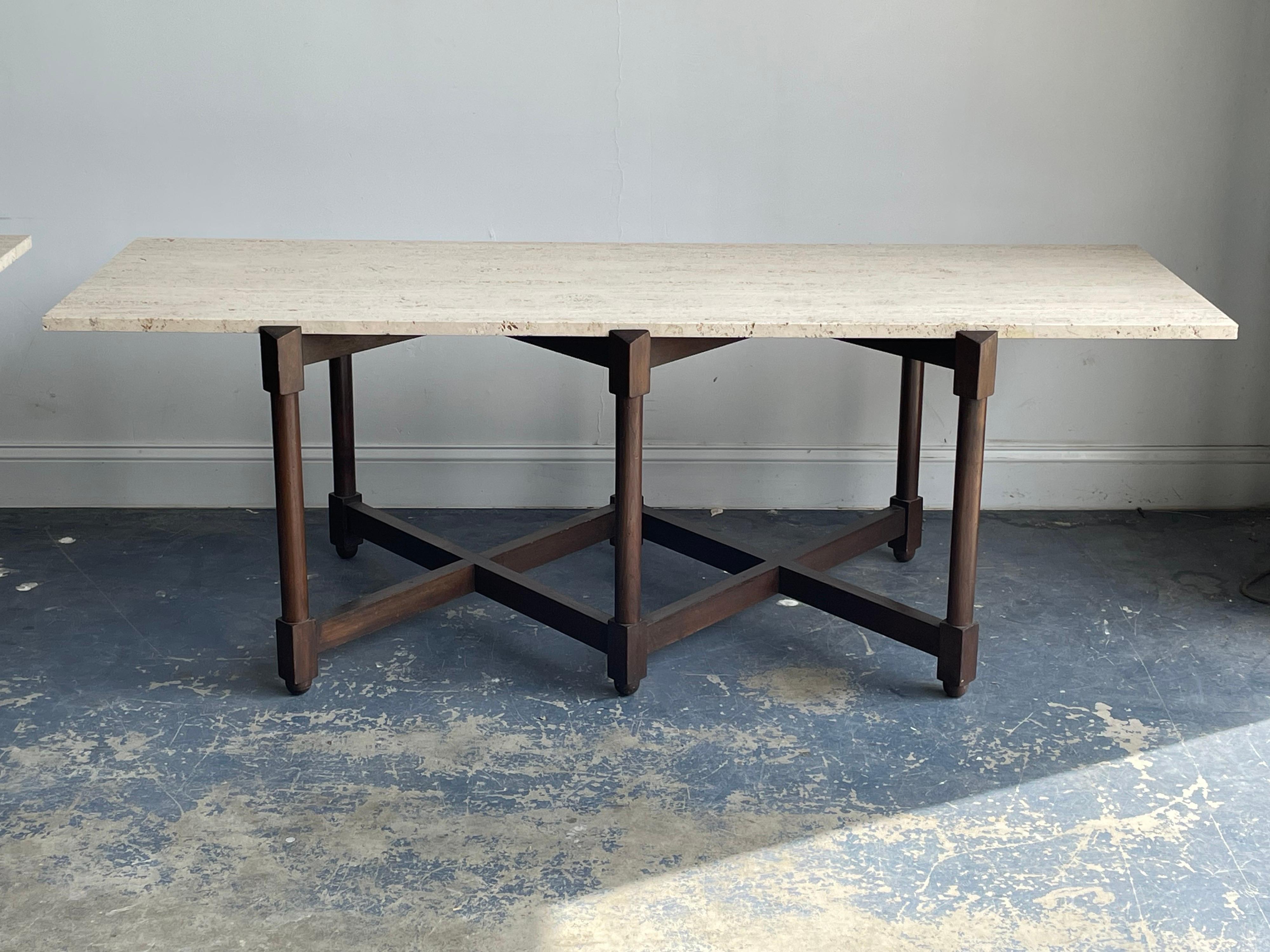 Pair Sofa / Console Tables with Travertine Tops Attr. to Edward Wormley/ Dunbar 4