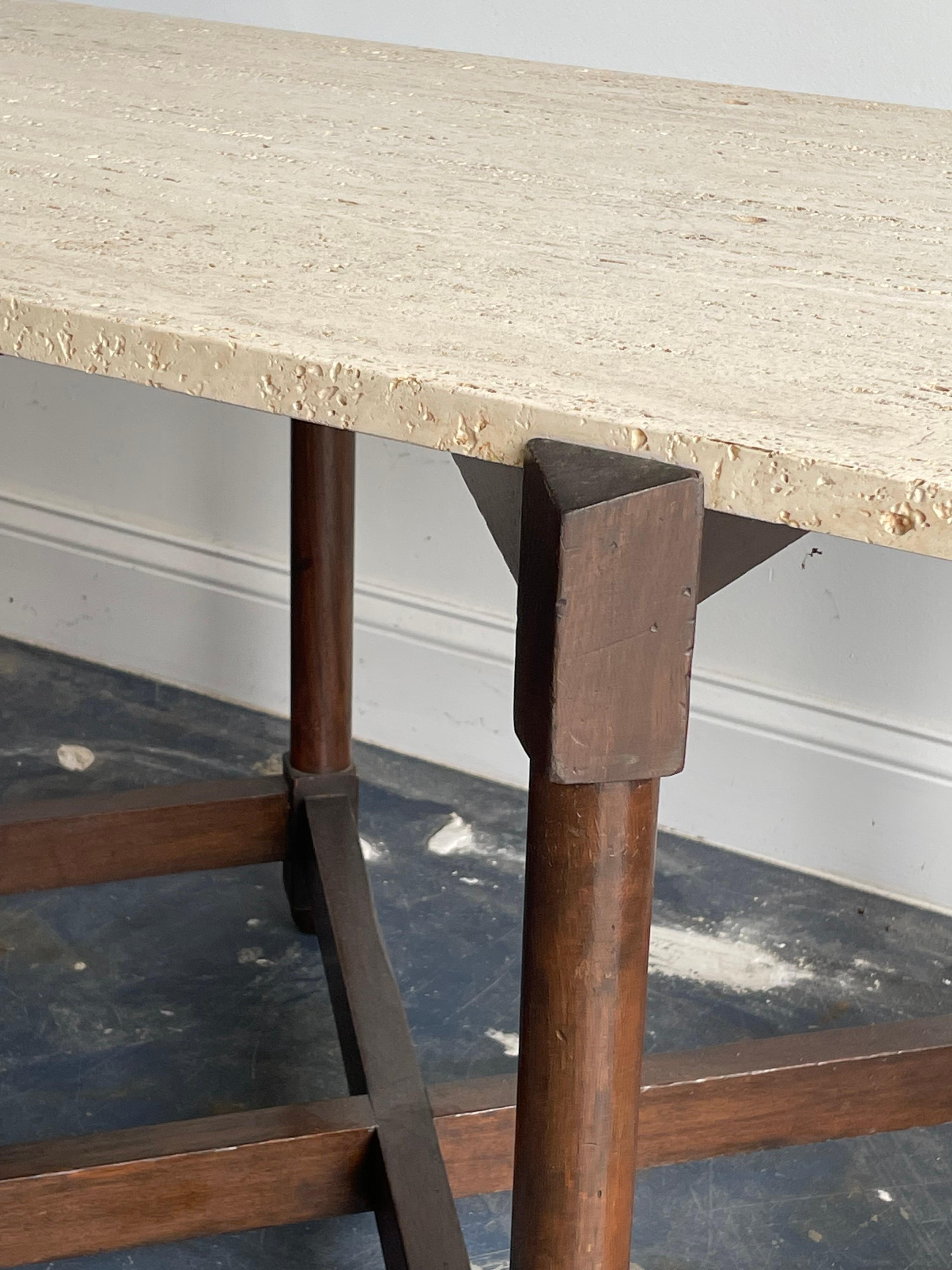 Pair Sofa / Console Tables with Travertine Tops Attr. to Edward Wormley/ Dunbar 9