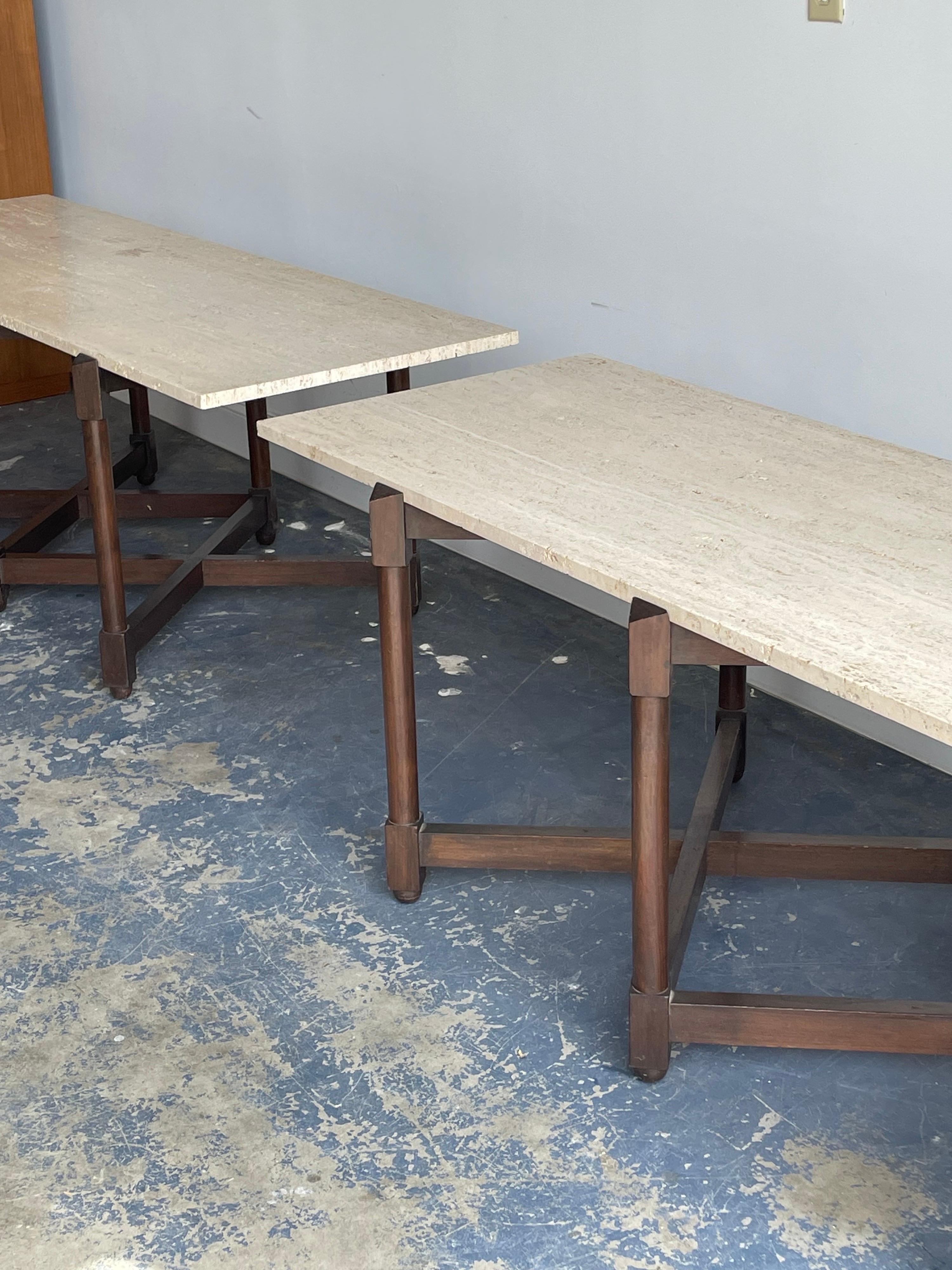 Very large tables attributed to Edward Wormley for Dunbar. Walnut frames and unfilled polished stone tops.

Would work well in a variety of interiors such as modern, mid century modern, contemporary, etc. Piece blends seamlessly with other designers
