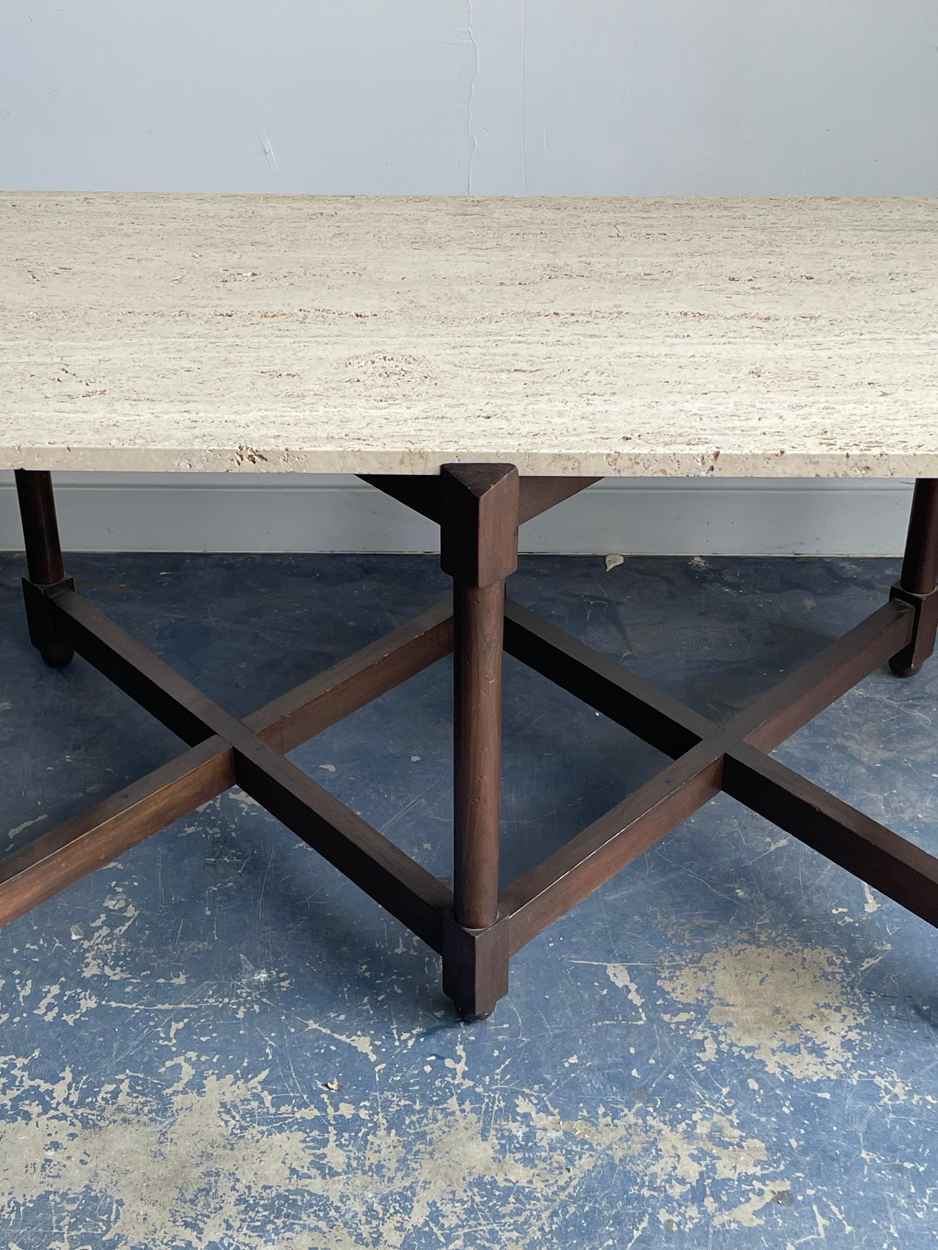 American Pair Sofa / Console Tables with Travertine Tops Attr. to Edward Wormley/ Dunbar