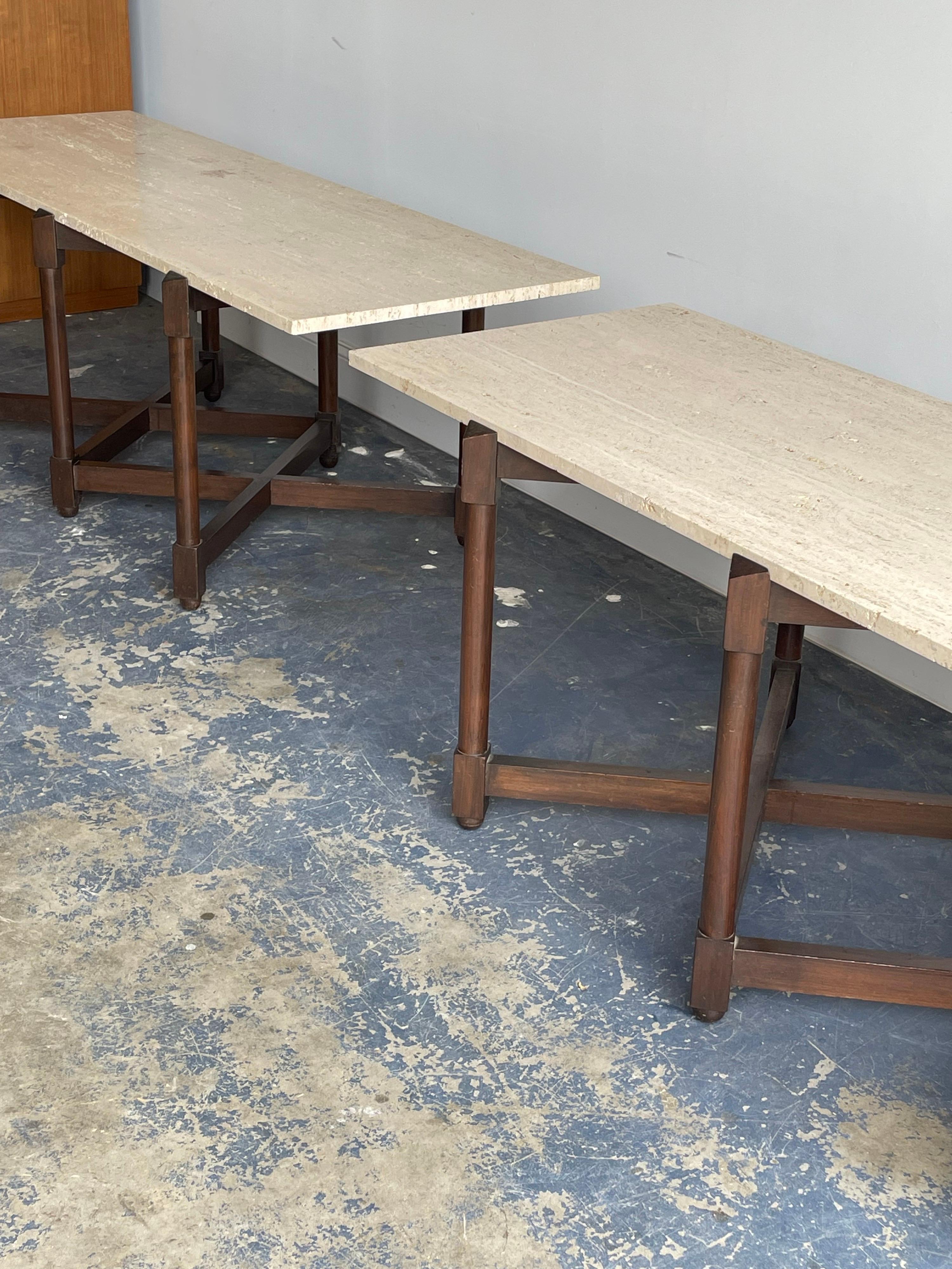 Pair Sofa / Console Tables with Travertine Tops Attr. to Edward Wormley/ Dunbar 1