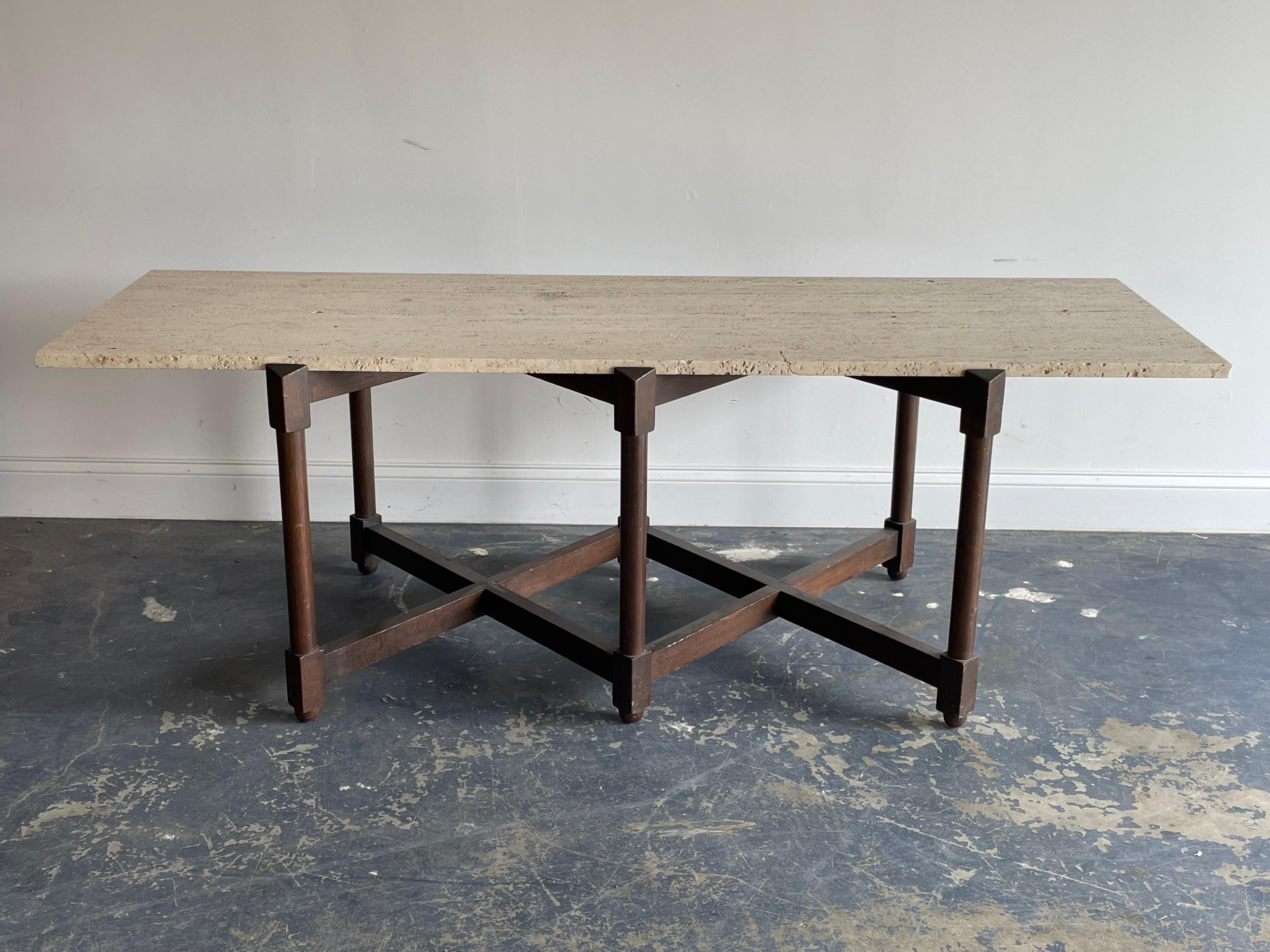 Pair Sofa / Console Tables with Travertine Tops Attr. to Edward Wormley/ Dunbar 2