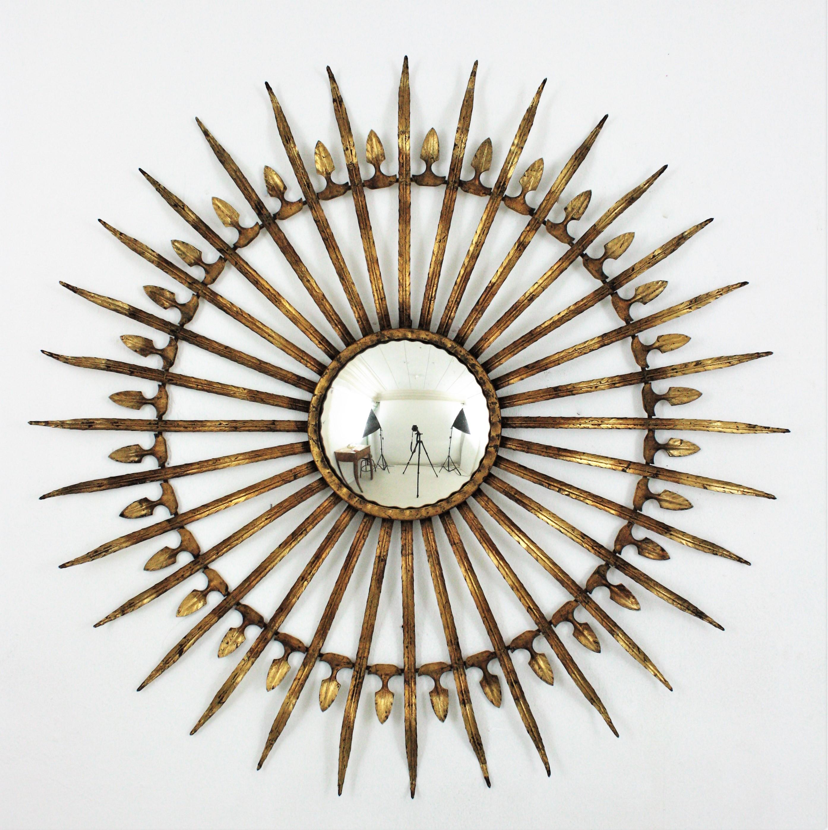 Pair of Sunburst Starburst Convex Mirrors in Gilt Iron, Large Scale 7