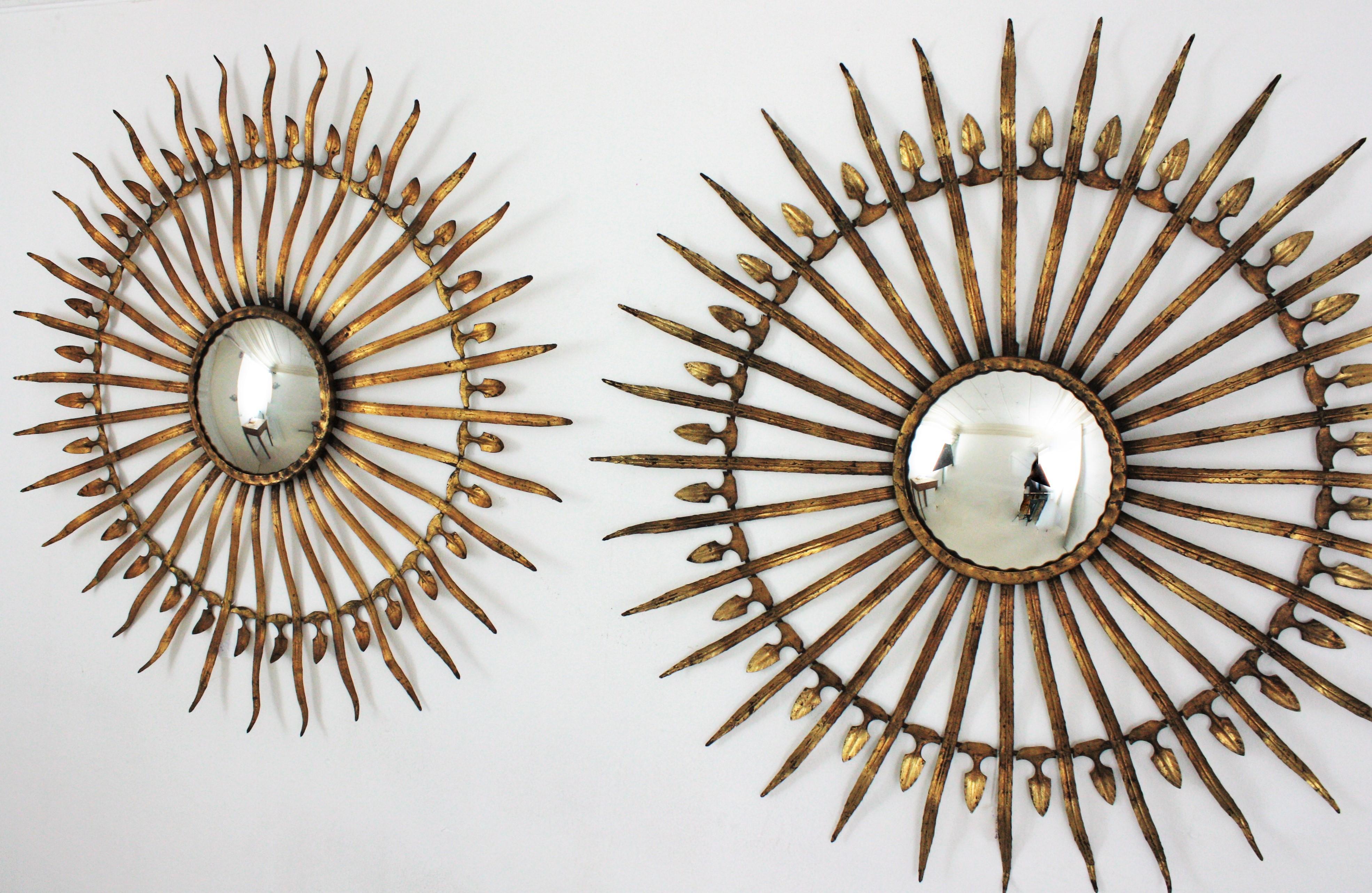 Pair of Sunburst Starburst Convex Mirrors in Gilt Iron, Large Scale 12