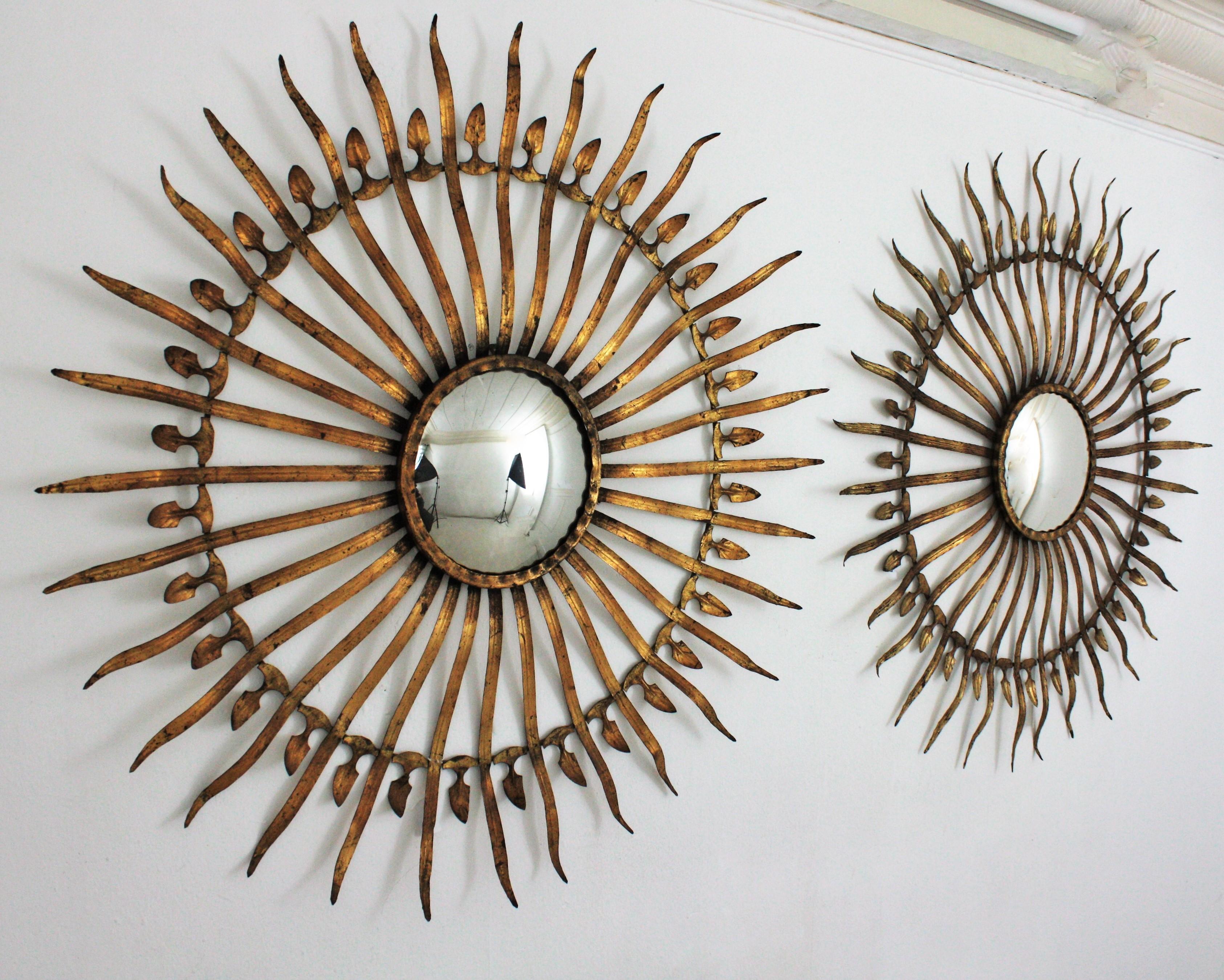 Mid-Century Modern Pair of Sunburst Starburst Convex Mirrors in Gilt Iron, Large Scale