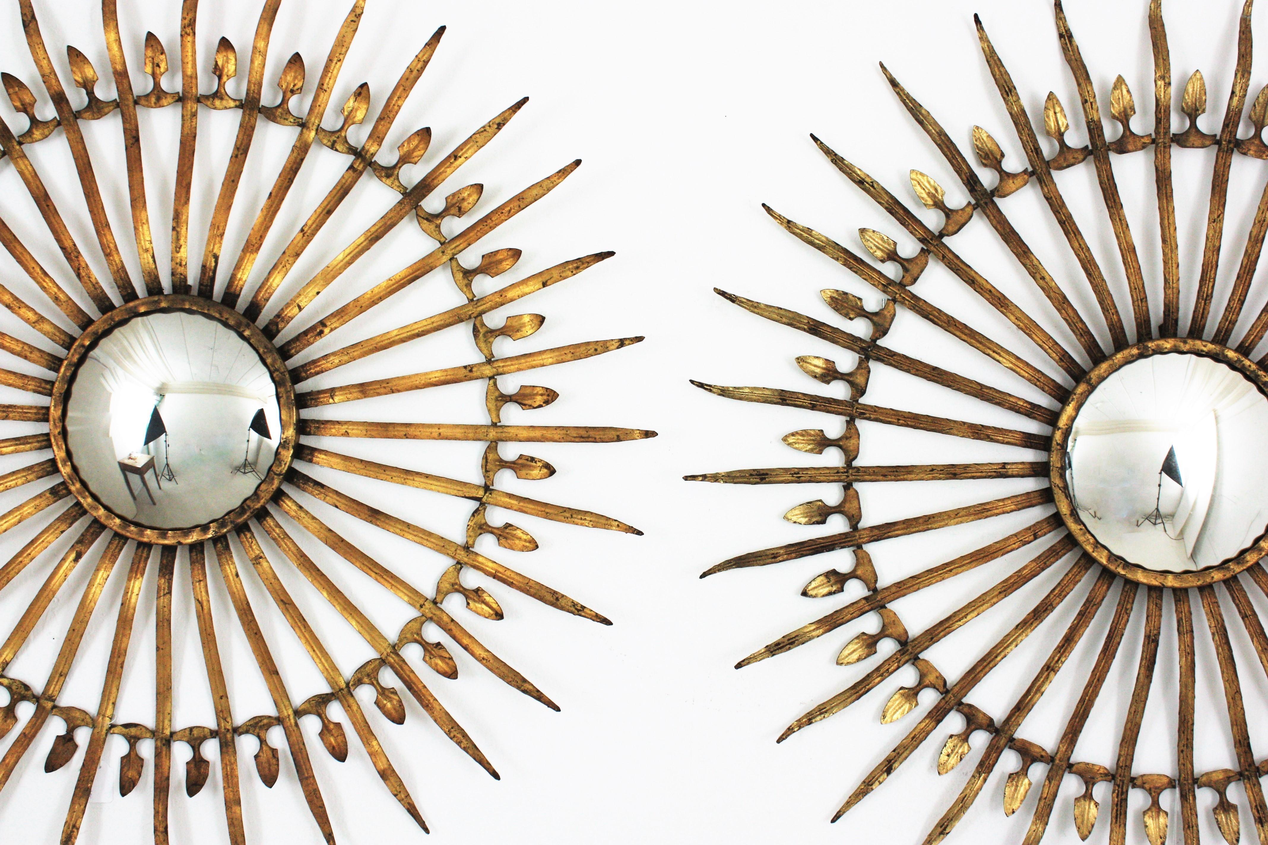 Spanish Pair of Sunburst Starburst Convex Mirrors in Gilt Iron, Large Scale