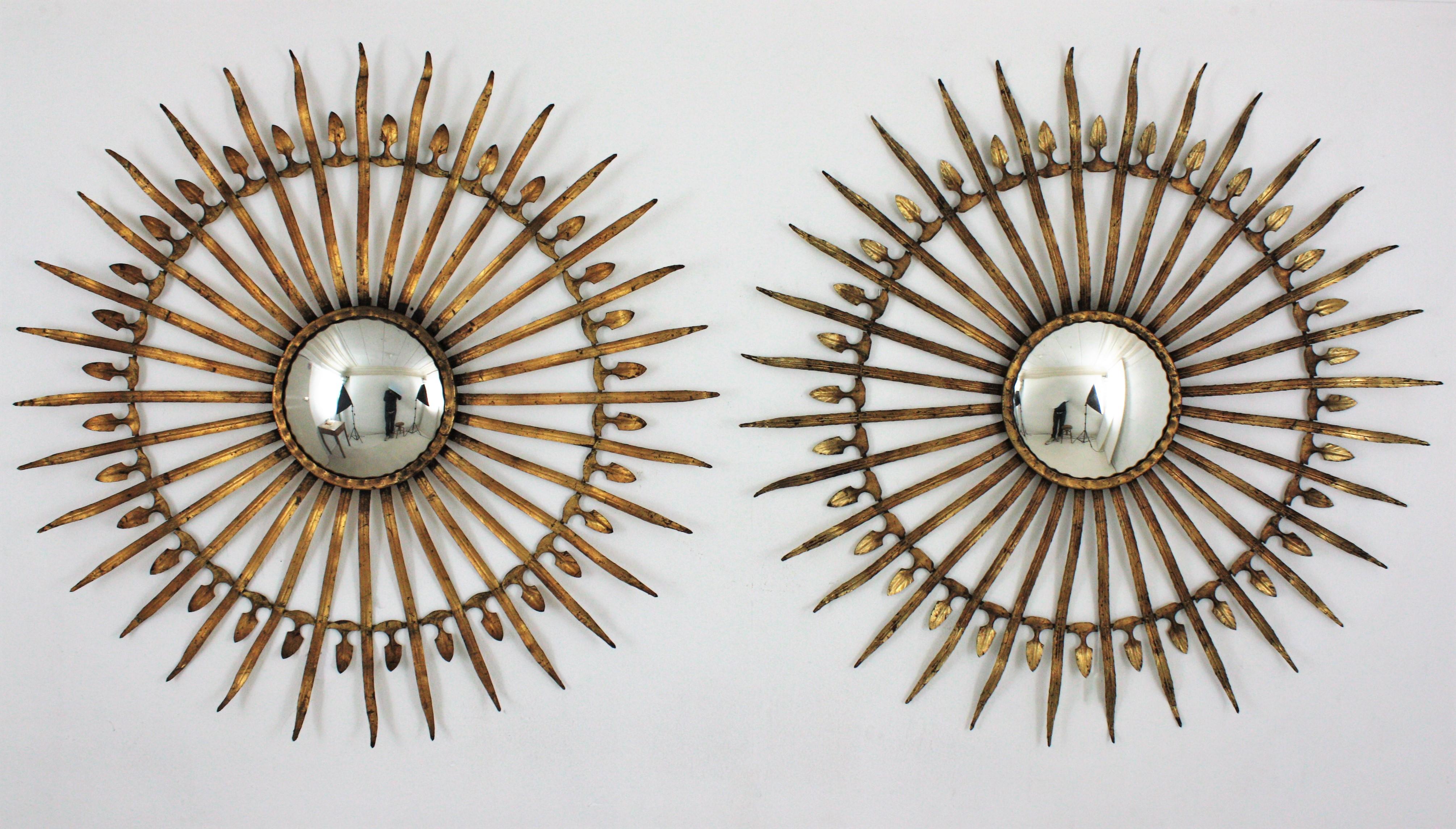 20th Century Pair of Sunburst Starburst Convex Mirrors in Gilt Iron, Large Scale