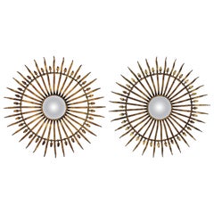 Pair of Sunburst Starburst Convex Mirrors in Gilt Iron, Large Scale