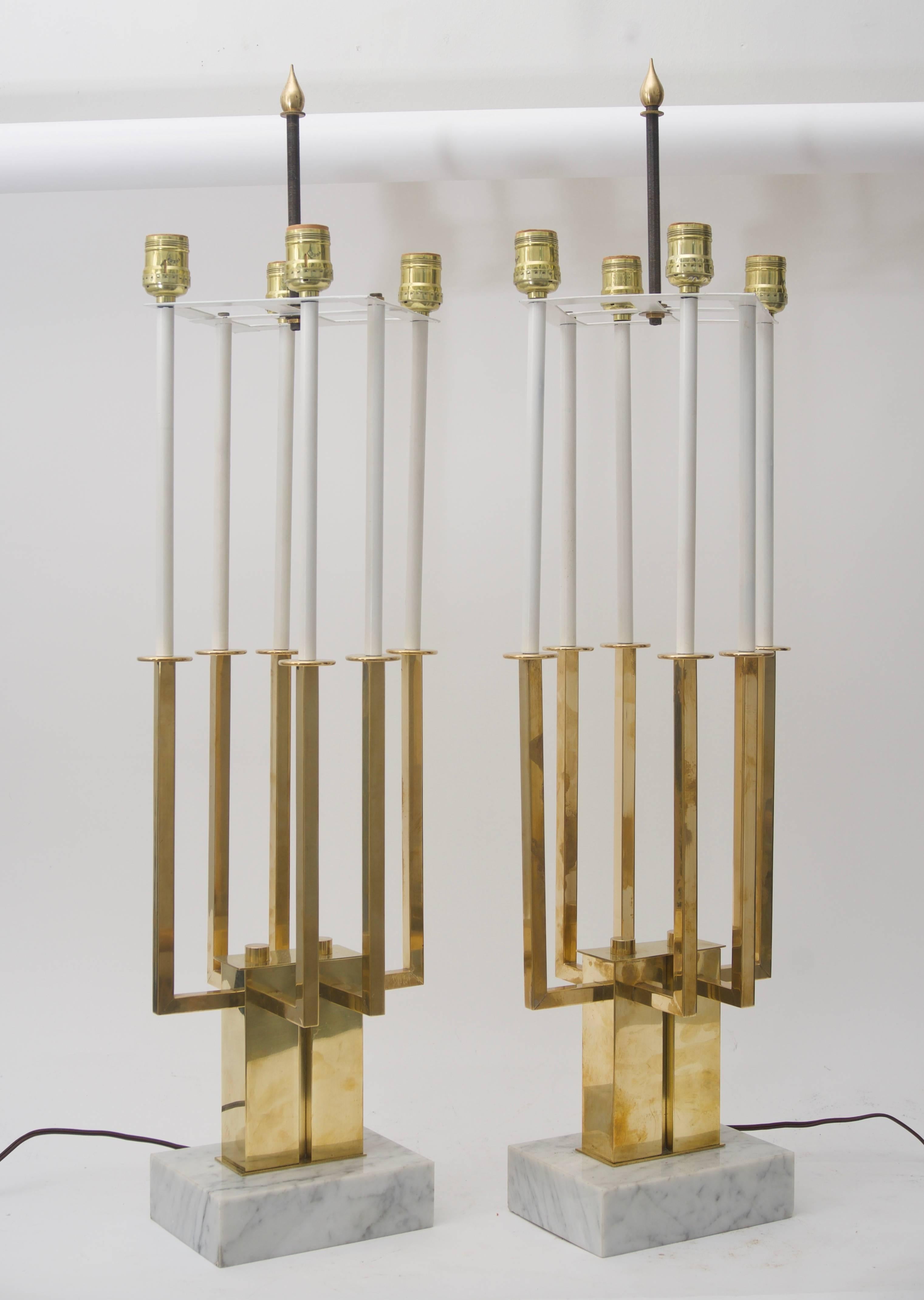 Mid-Century Modern Pair of Large Scale Stiffel Brass and Marble Table Lamps