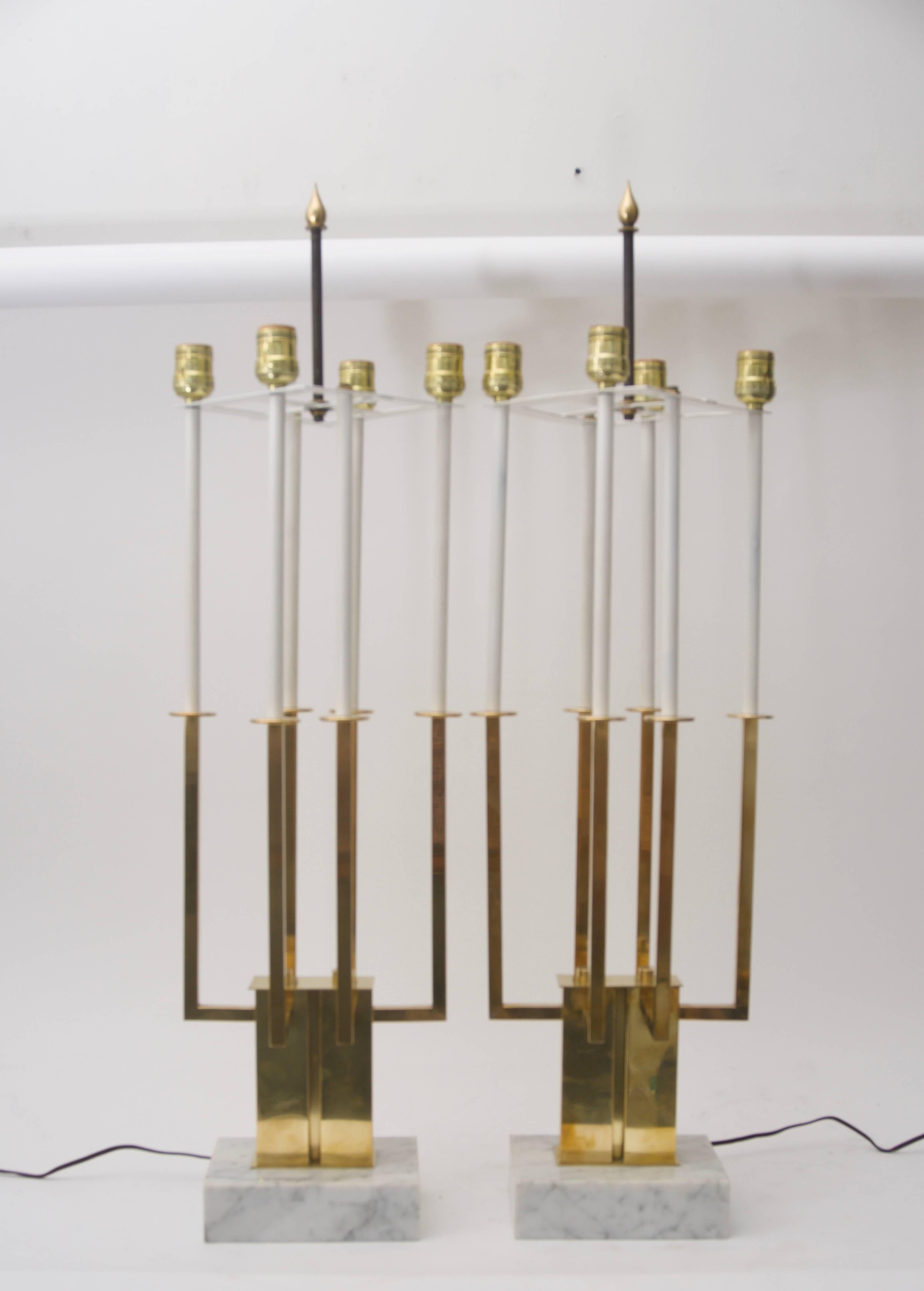 American Pair of Large Scale Stiffel Brass and Marble Table Lamps