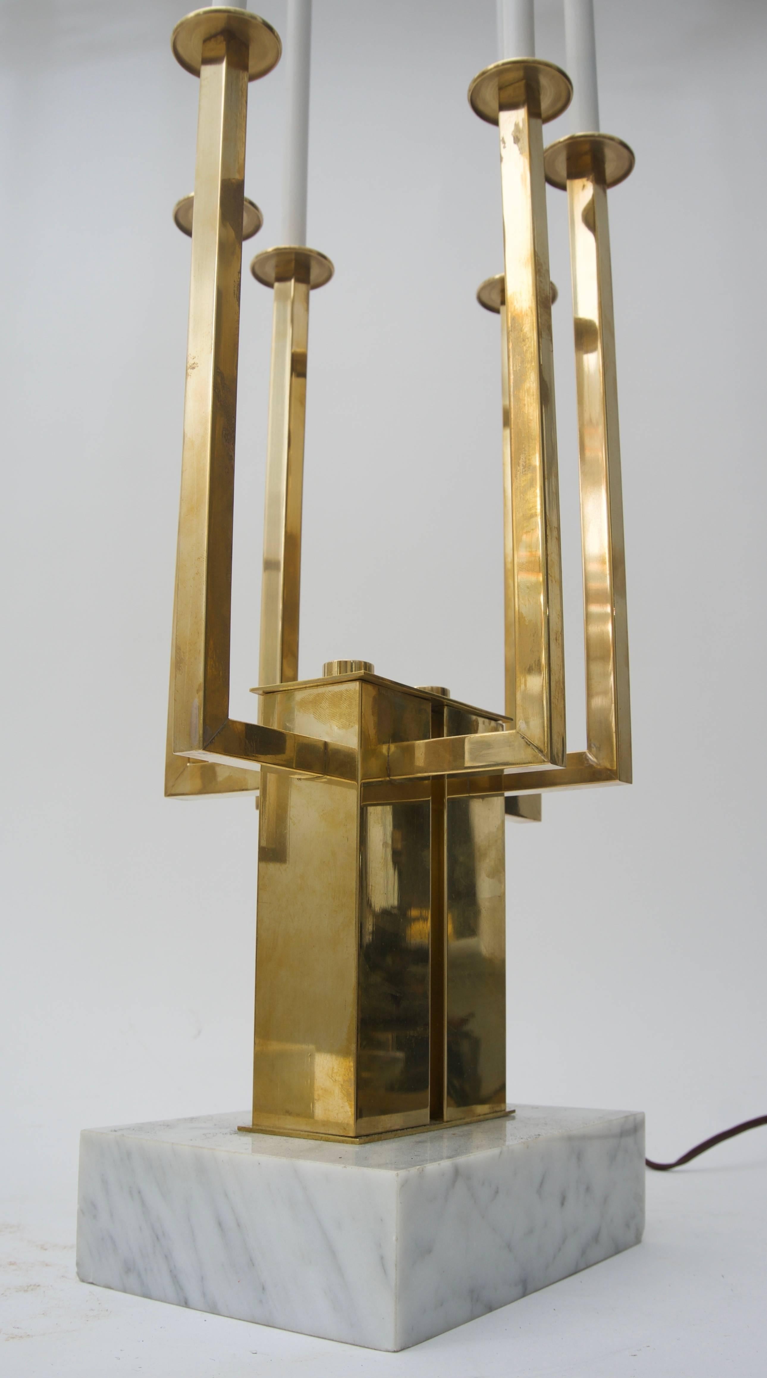 Polished Pair of Large Scale Stiffel Brass and Marble Table Lamps