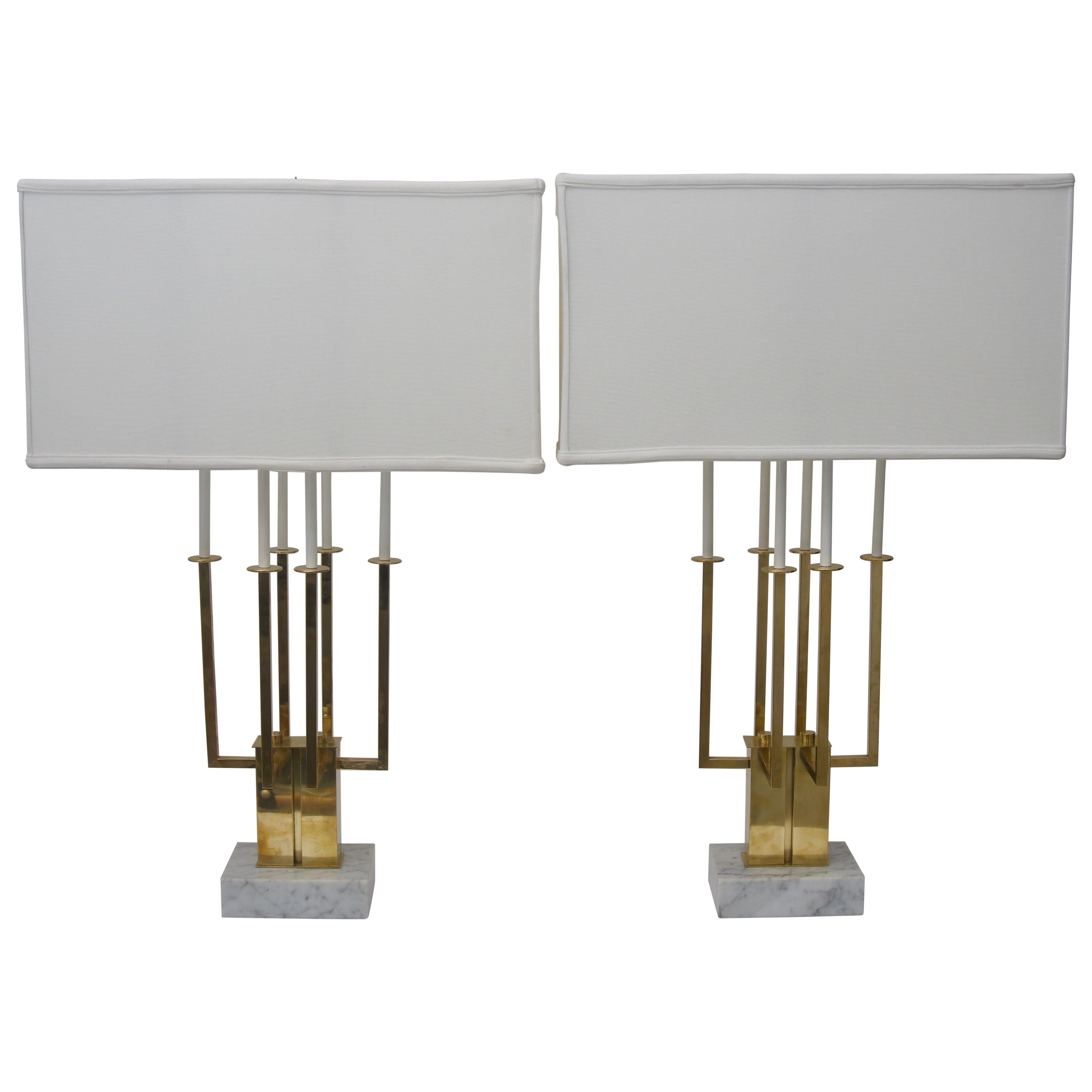Pair of Large Scale Stiffel Brass and Marble Table Lamps