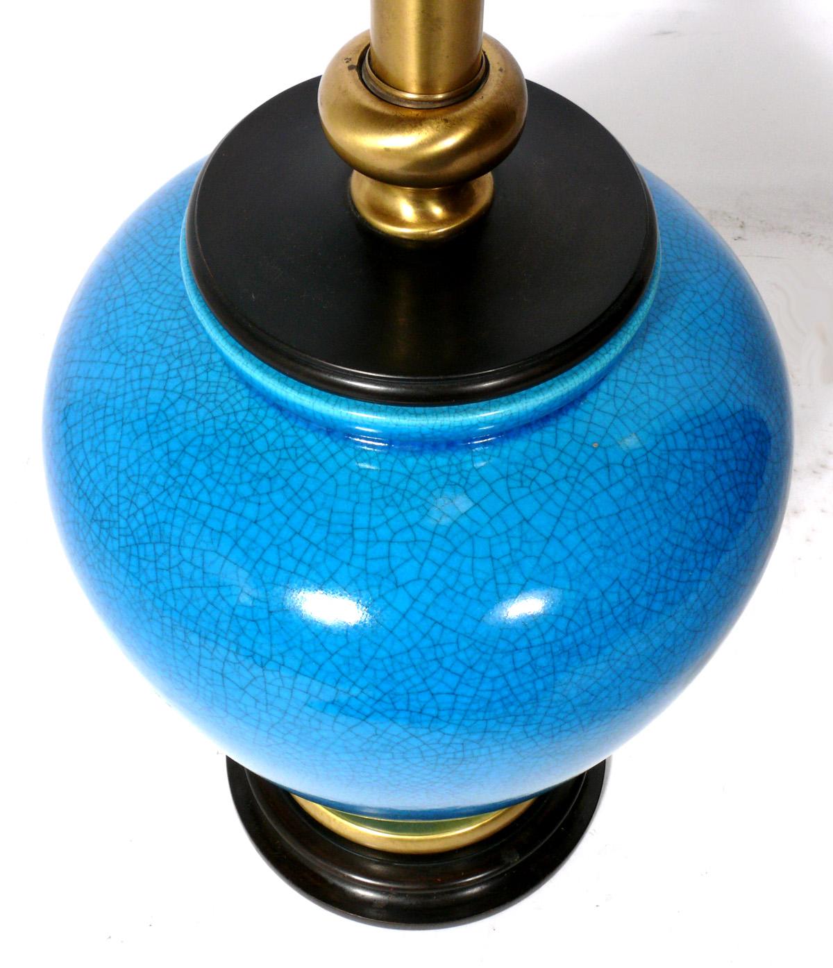 Chinoiserie Pair of Large Scale Turquoise Blue Ceramic Lamps For Sale