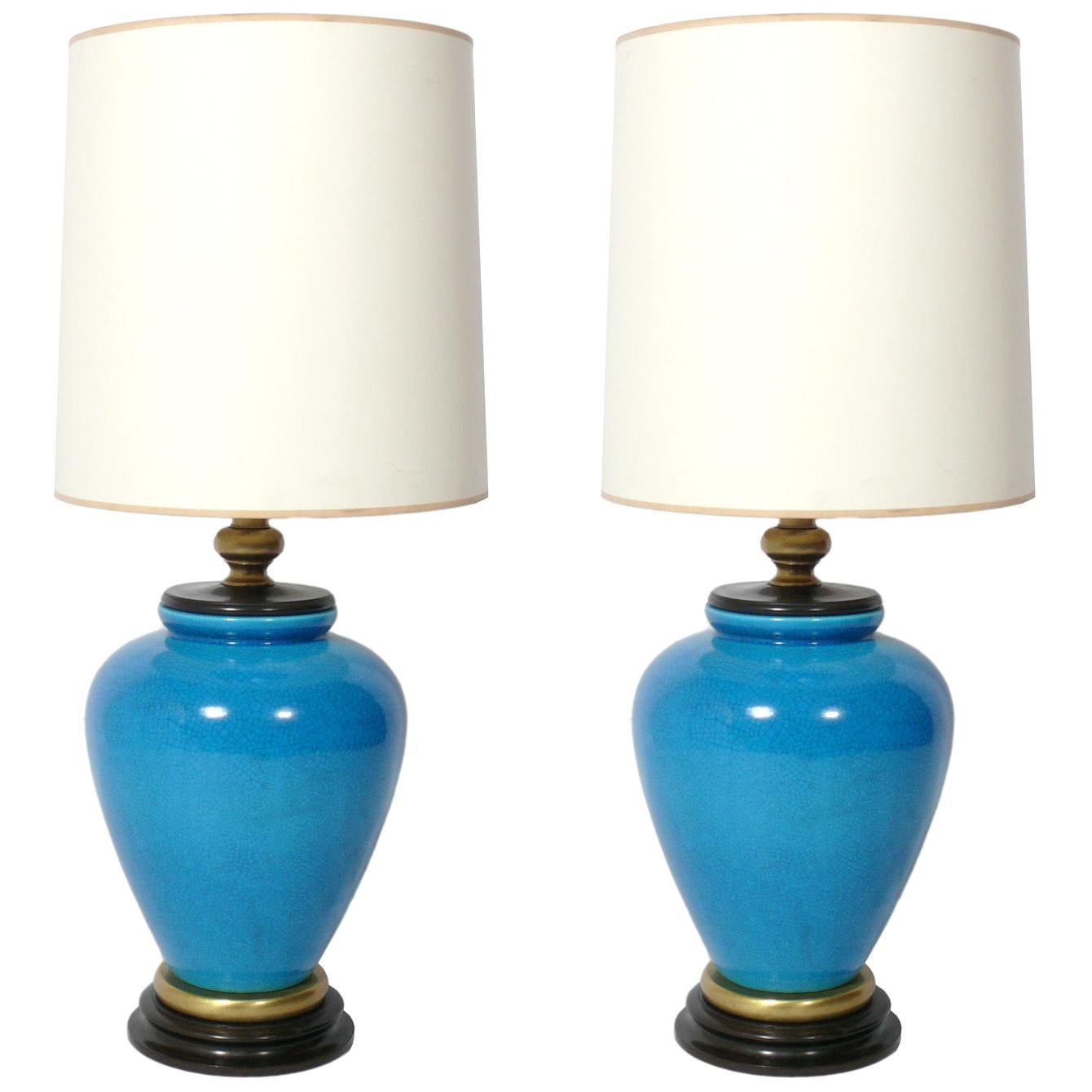 Pair of Large Scale Turquoise Blue Ceramic Lamps