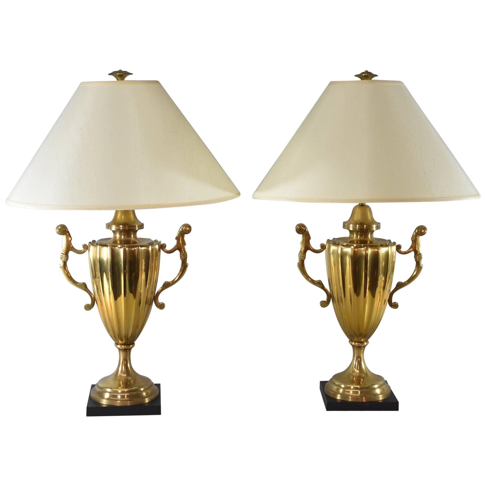 Pair of Large Scale Urn Form Brass Table Lamps by Chapman, 1985