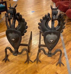 Pair of Large Scale Wrought Iron Dragon Andirons, Possibly by Samuel Yellin