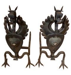 Pair of Large Scale Wrought Iron Dragon Andirons, Possibly by Samuel Yellin