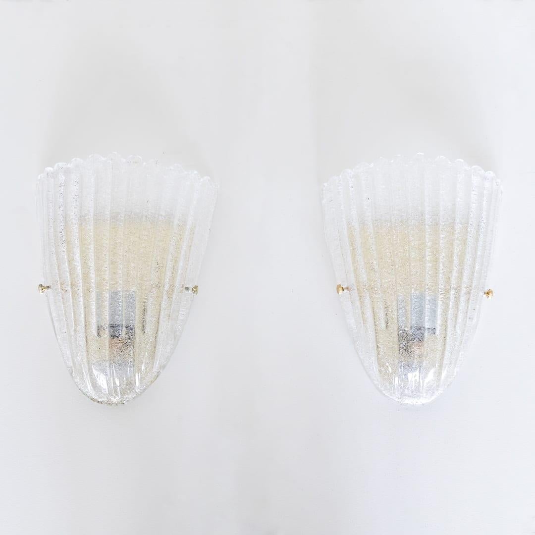 Pair of Large Scalloped Glass Sconces In Good Condition For Sale In Los Angeles, CA