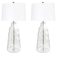 Pair of Large Scandinavian Modern Clear Glass Lamps by Flygsfors, Sweden