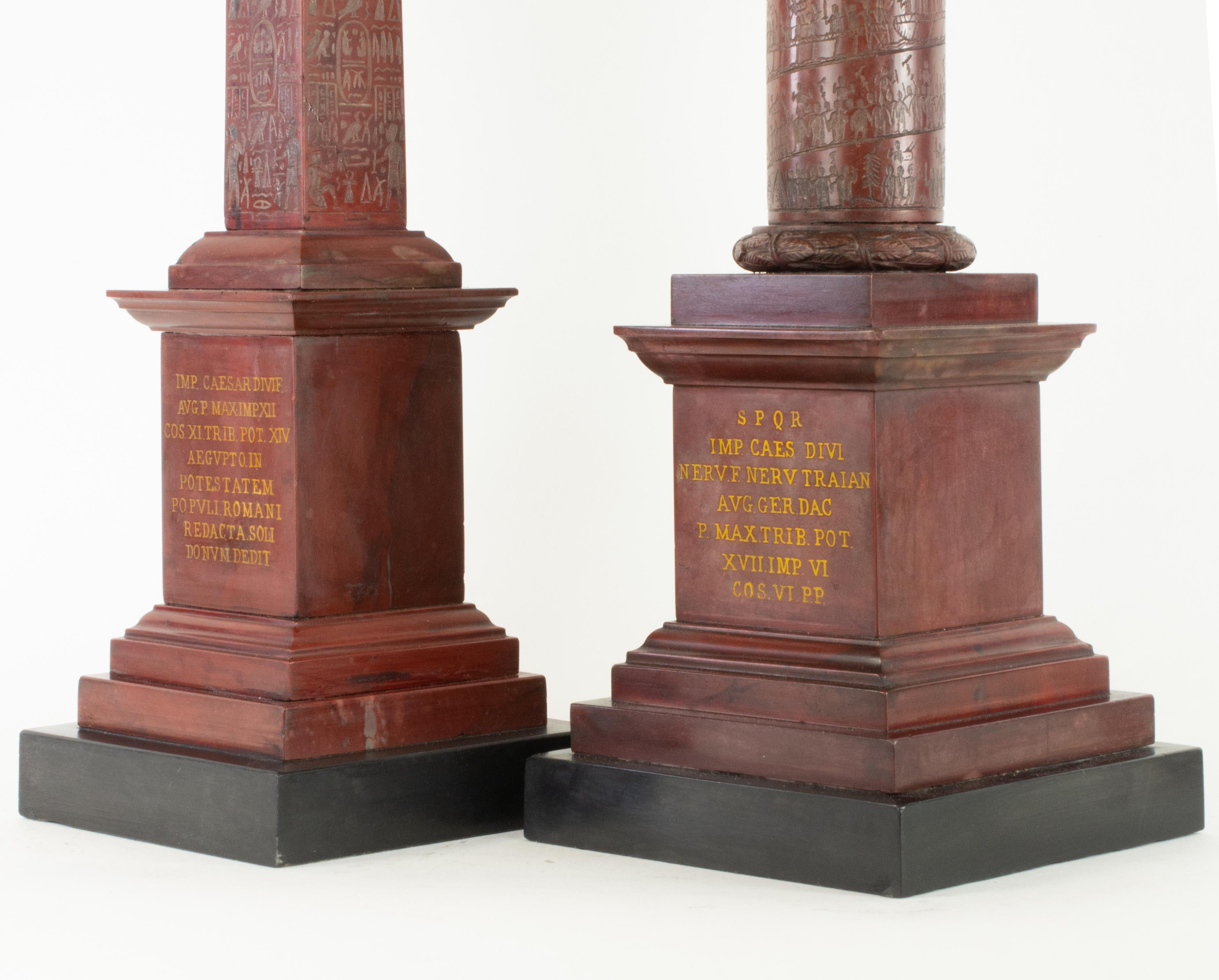Carved Pair of Large, Scarce Rosso Marble Grand Tour Roman Monuments, Obelisk & Column For Sale