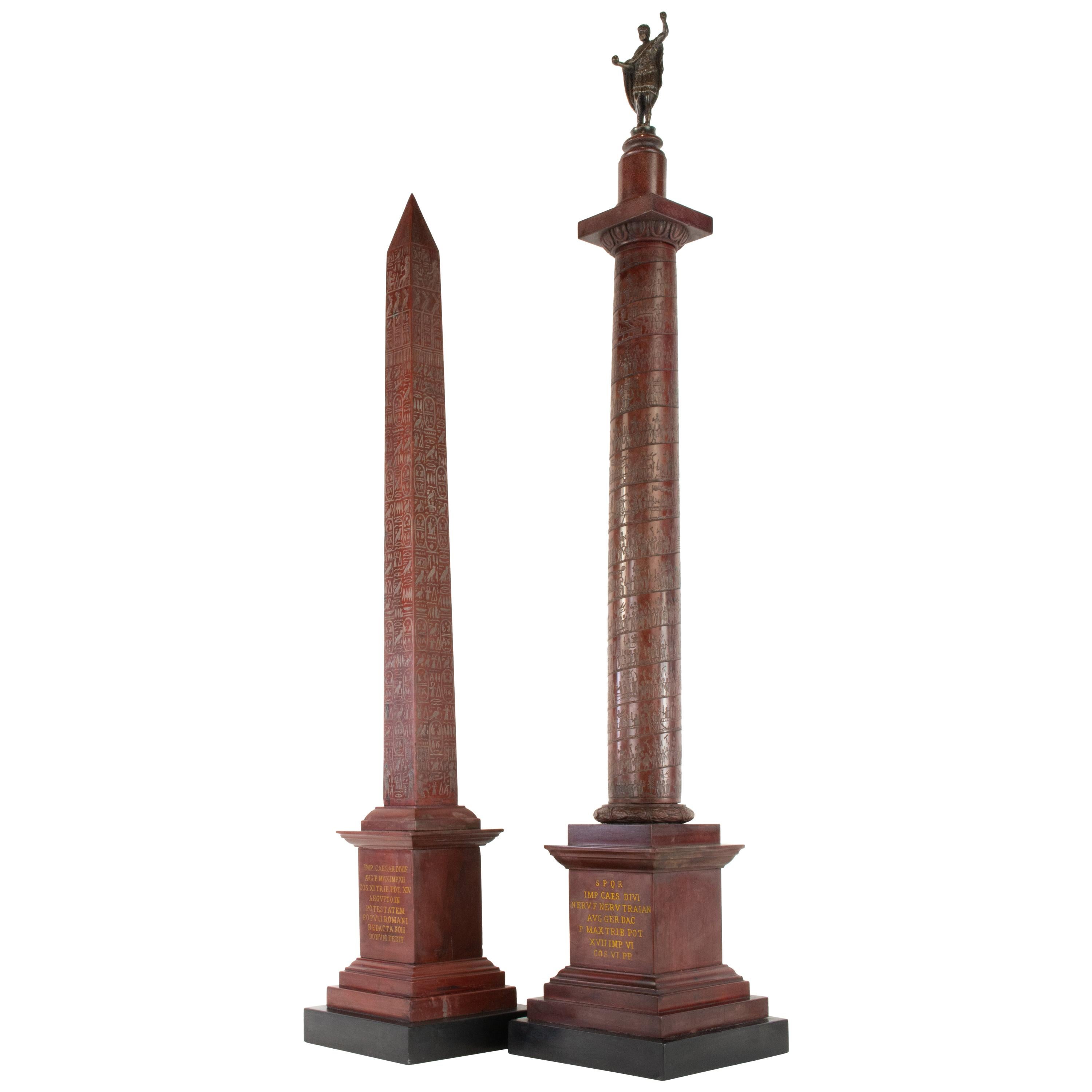 Pair of Large, Scarce Rosso Marble Grand Tour Roman Monuments, Obelisk & Column For Sale