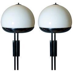 Pair of Large Sconces by Reggiani, Nickel-Plated, Opal Glass, Italy, 1970s