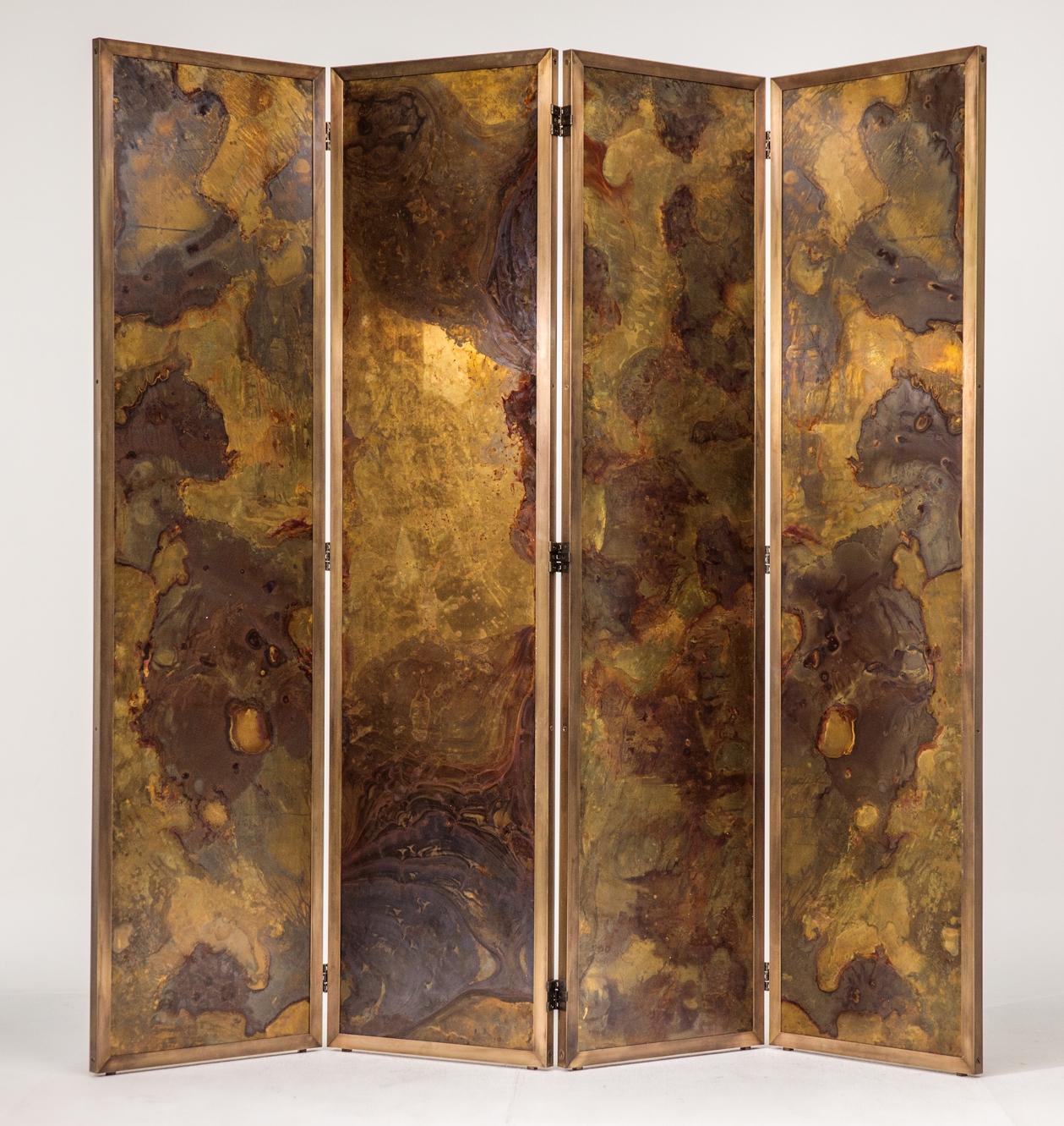 French Pair of Large Screens with Four Leaves in Brass, Oxidized Brass and Mirror
