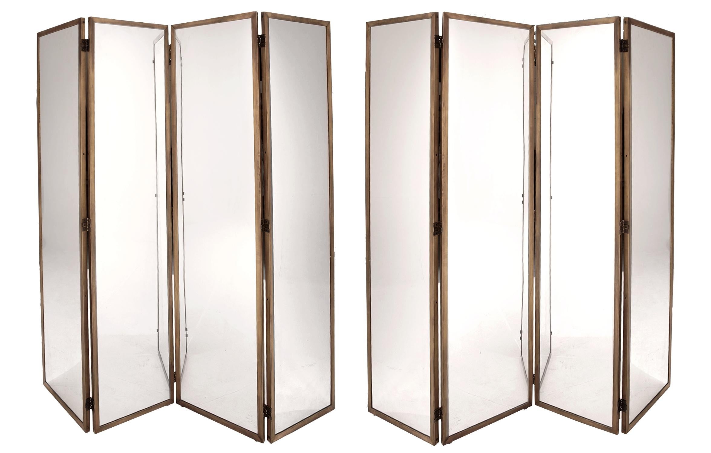 Patinated Pair of Large Screens with Four Leaves in Brass, Oxidized Brass and Mirror