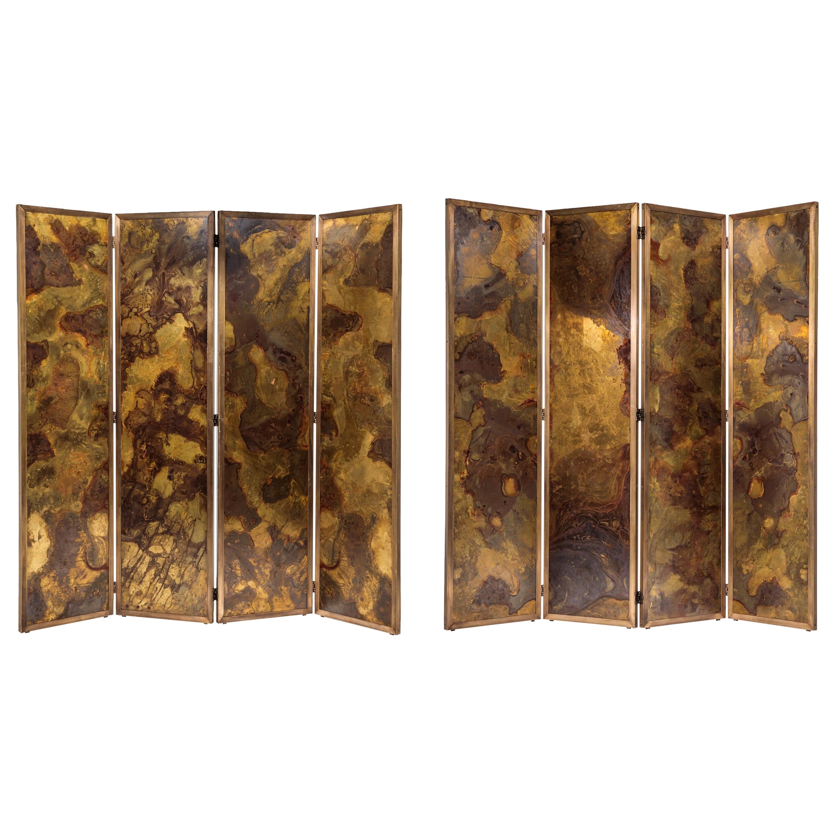 Pair of Large Screens with Four Leaves in Brass, Oxidized Brass and Mirror