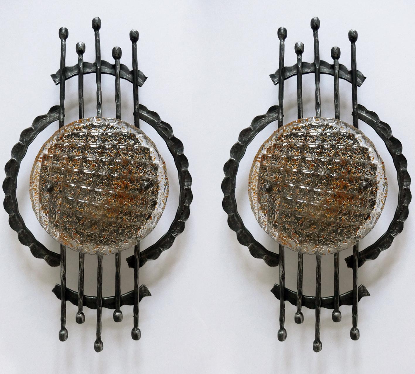 20th Century Vintage Pair of Large Sculptural Iron and Glass Wall Flush Mounts Sconces, 1960s