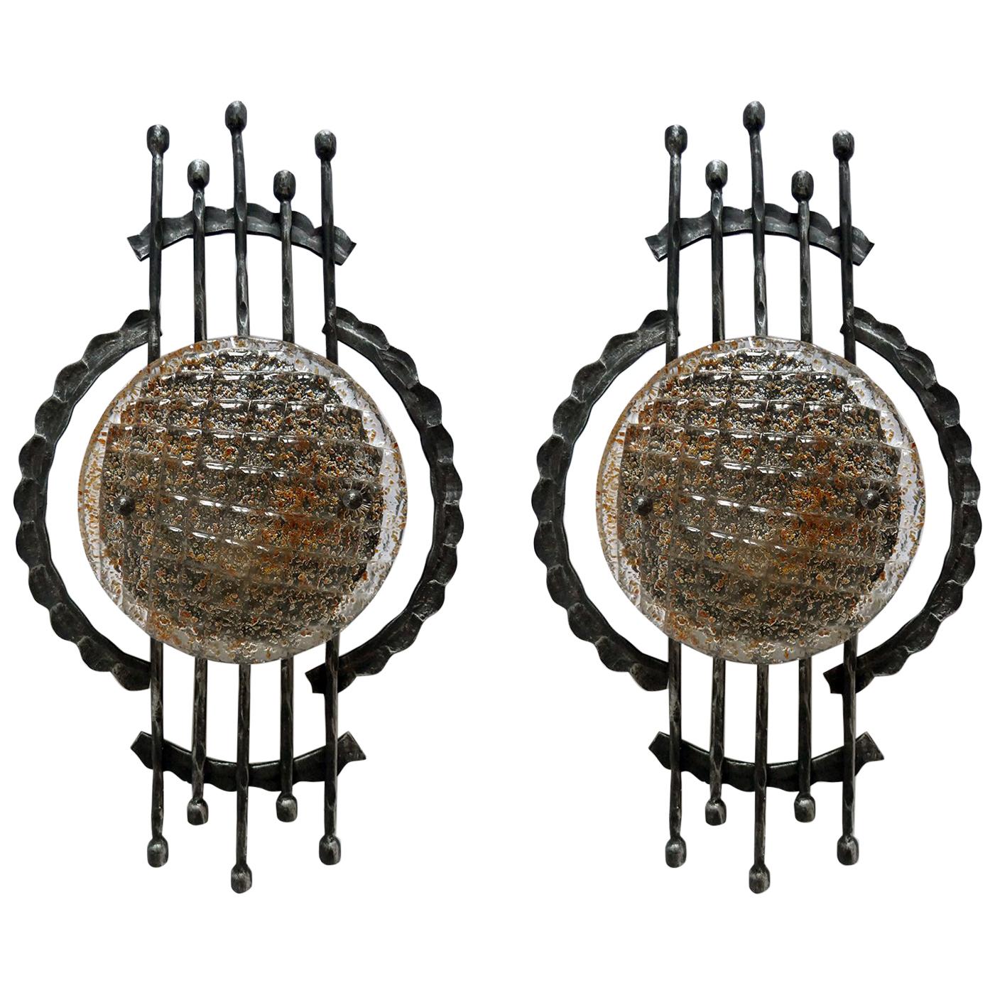 Vintage Pair of Large Sculptural Iron and Glass Wall Flush Mounts Sconces, 1960s