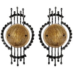 Pair of Large Sculptural Iron and Glass Wall Flush Mounts Sconces, 1960s